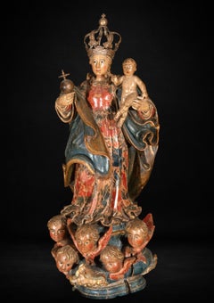 Vergine e Bambino barocchi in legno policromo con corona d'argento, Spagna, XVII sec.