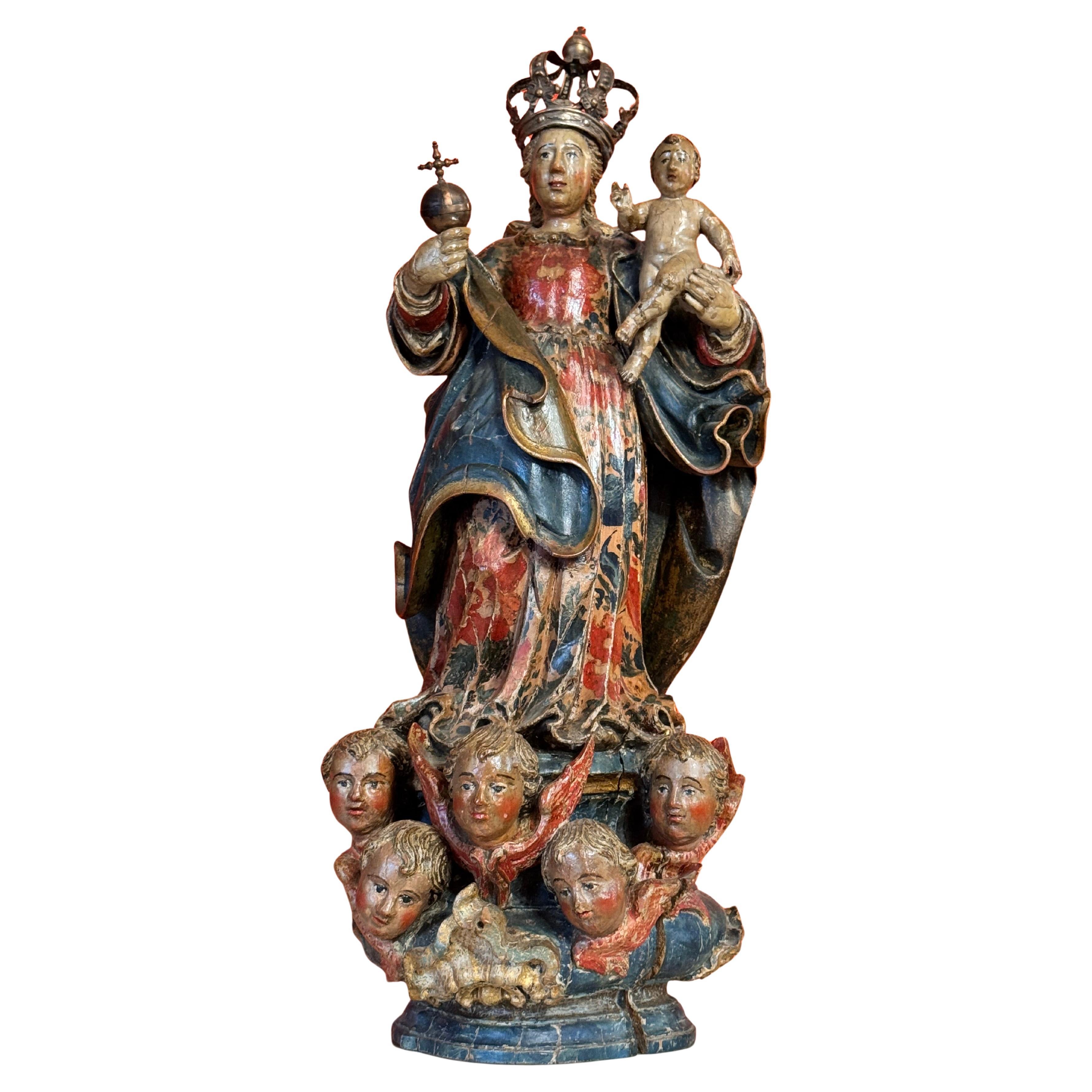 Vergine e Bambino barocchi in legno policromo con corona d'argento, Spagna, XVII sec. in vendita