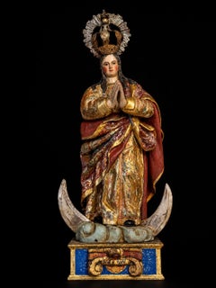 Vergine barocca dell'Immacolata Concezione in legno policromo e dorato, 17° secolo