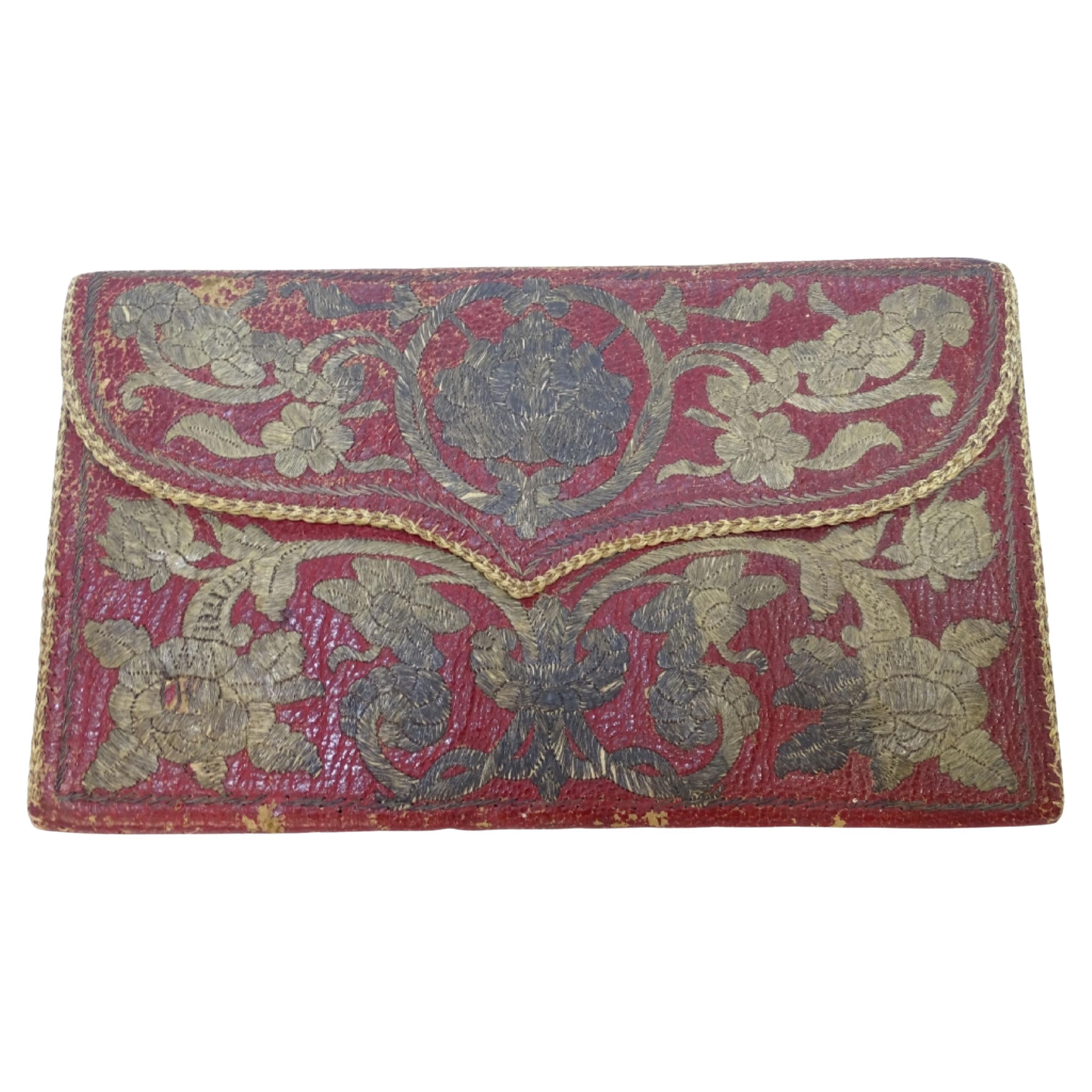 Baroque wallet in red leather embroidered with gold thread, Constantinople