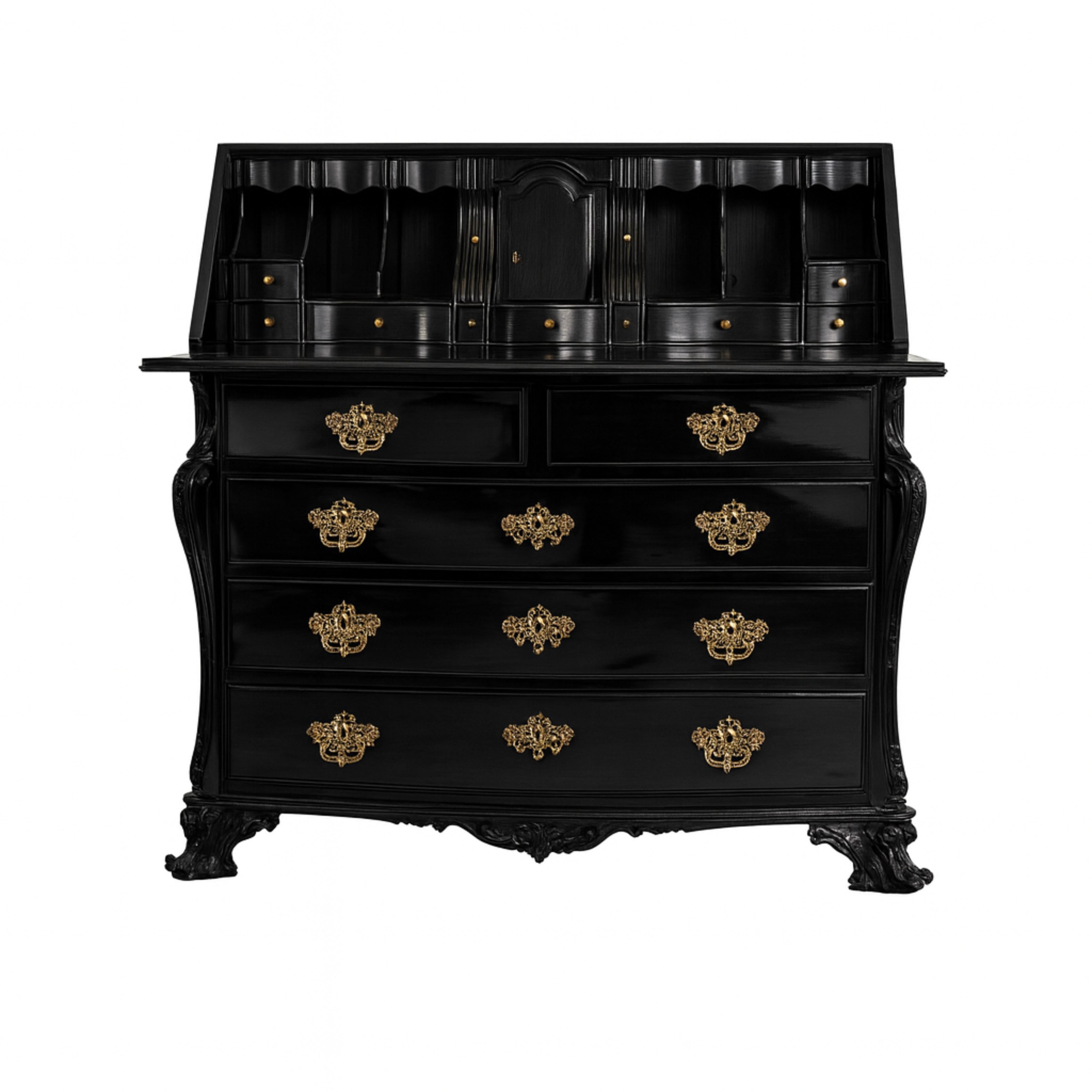 Ein massiver, schwarz lackierter Papierschrank aus Nussbaumholz aus dem frühen 20. Ein Kasten mit einer Front und Seiten mit ausgeschnittenen und gewölbten Linien, ungewöhnlichen asymmetrischen Kurven, bestehend aus zwei oberen Schubladen, die mit