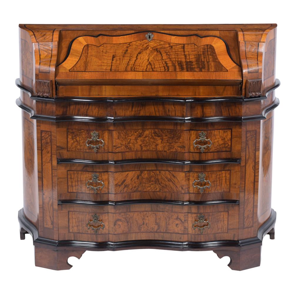 An extraordinary Italian Writing Desk is beautifully crafted out of solid wood finished with walnut marquetry veneers. The desk features magnificent walnut marquetry, inlaid veneers details throughout the entire piece, and the original walnut finish