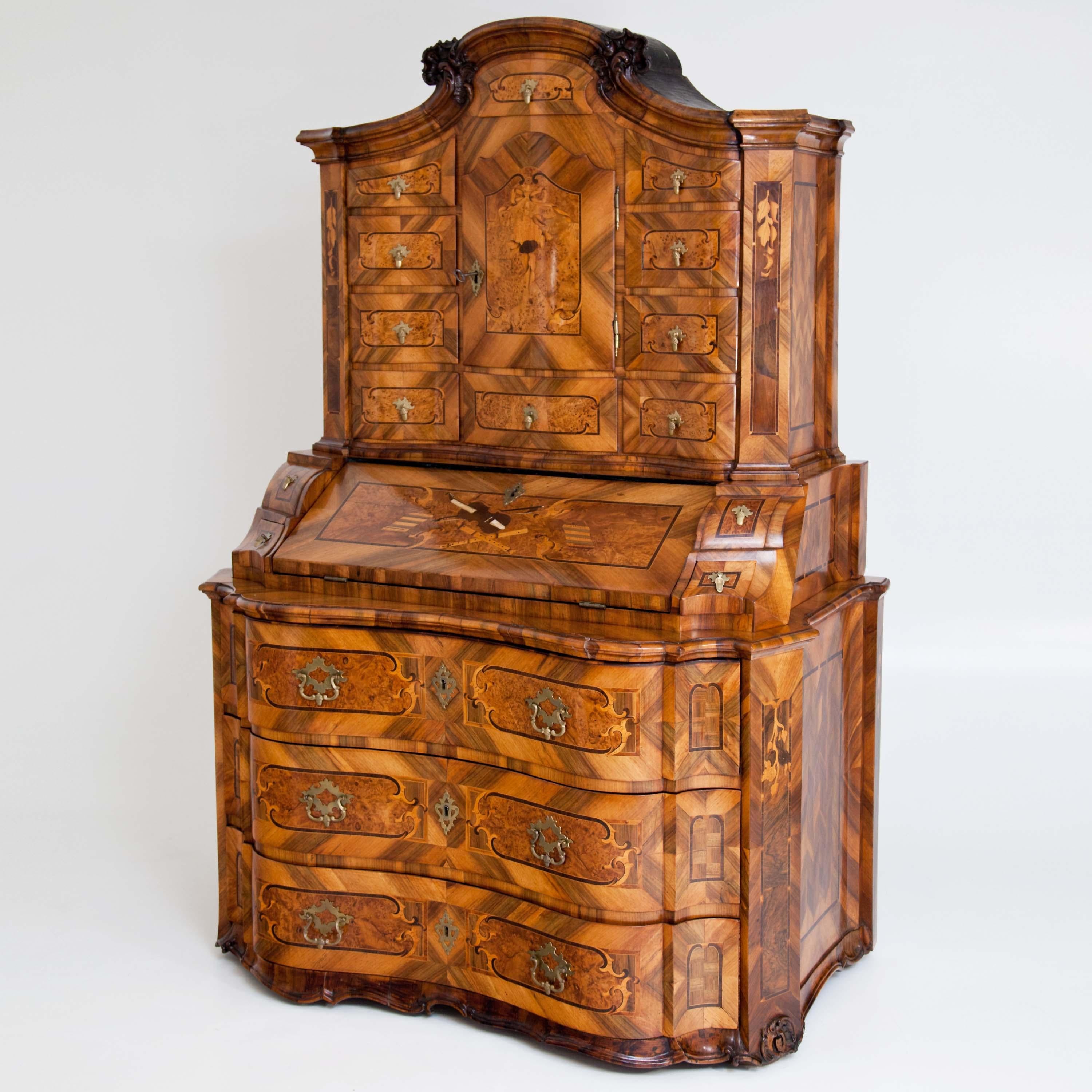 18th Century and Earlier Baroque Walnut Veneered Tabernacle Secretaire, German, 18th Century