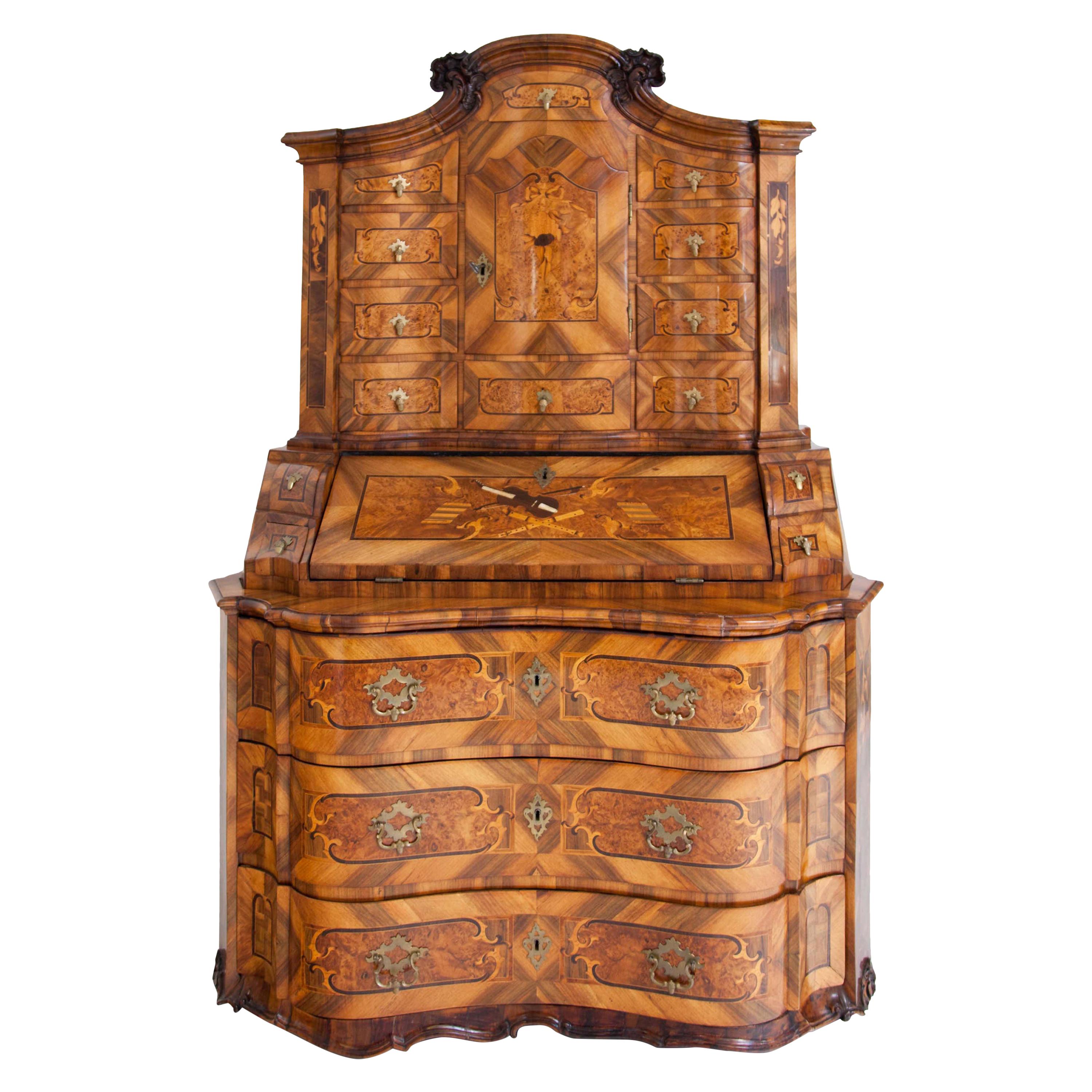 Baroque Walnut Veneered Tabernacle Secretaire, German, 18th Century