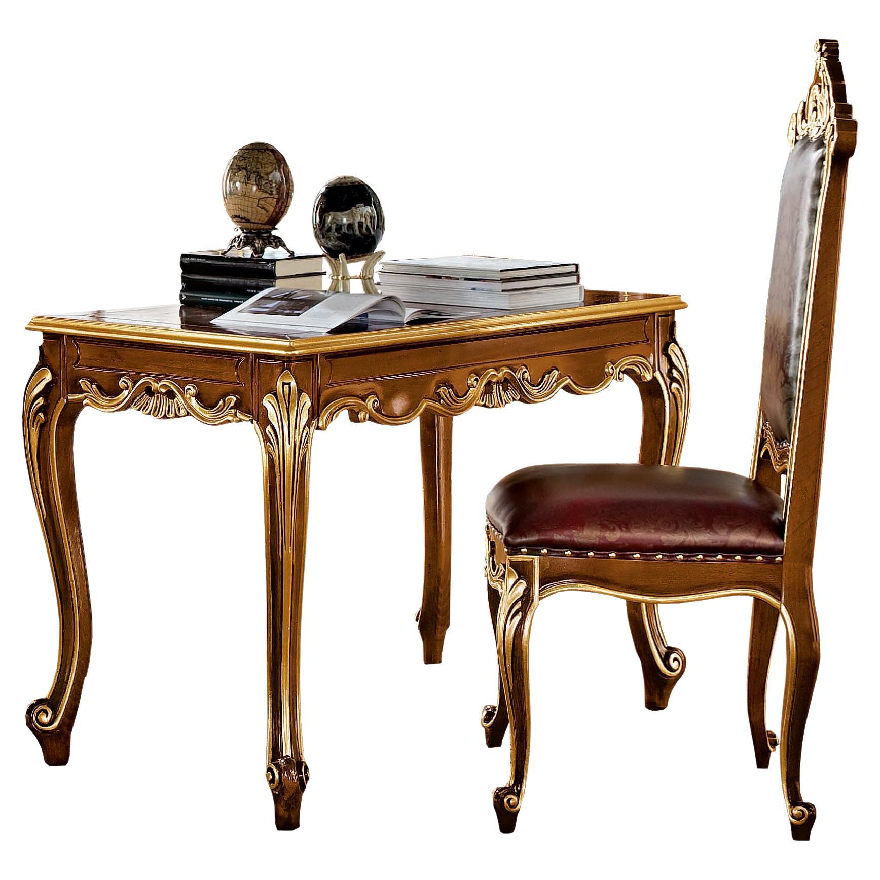 Baroque Walnut Writing Desk with Gold Leaf Details by Modenese Gastone Interiors For Sale