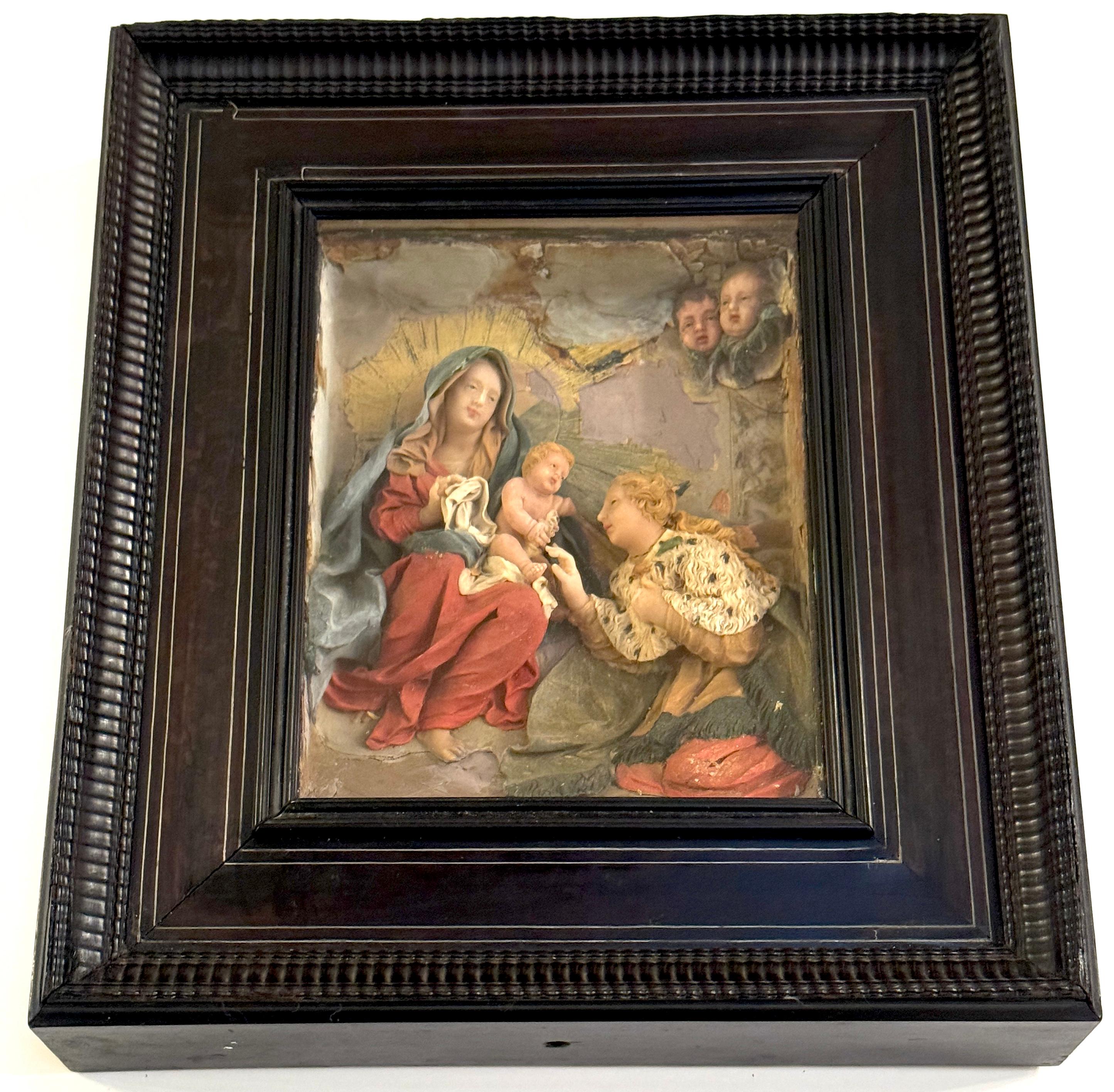 Placa/escultura barroca de cera de la Adoración de los Reyes Magos
Escuela italiana Siglo XVIII o posterior
Cera pigmentada, madera, ébano tallado e incrustado, vidrio

Notable relieve barroco en cera de La Adoración de los Magos, atribuido a la