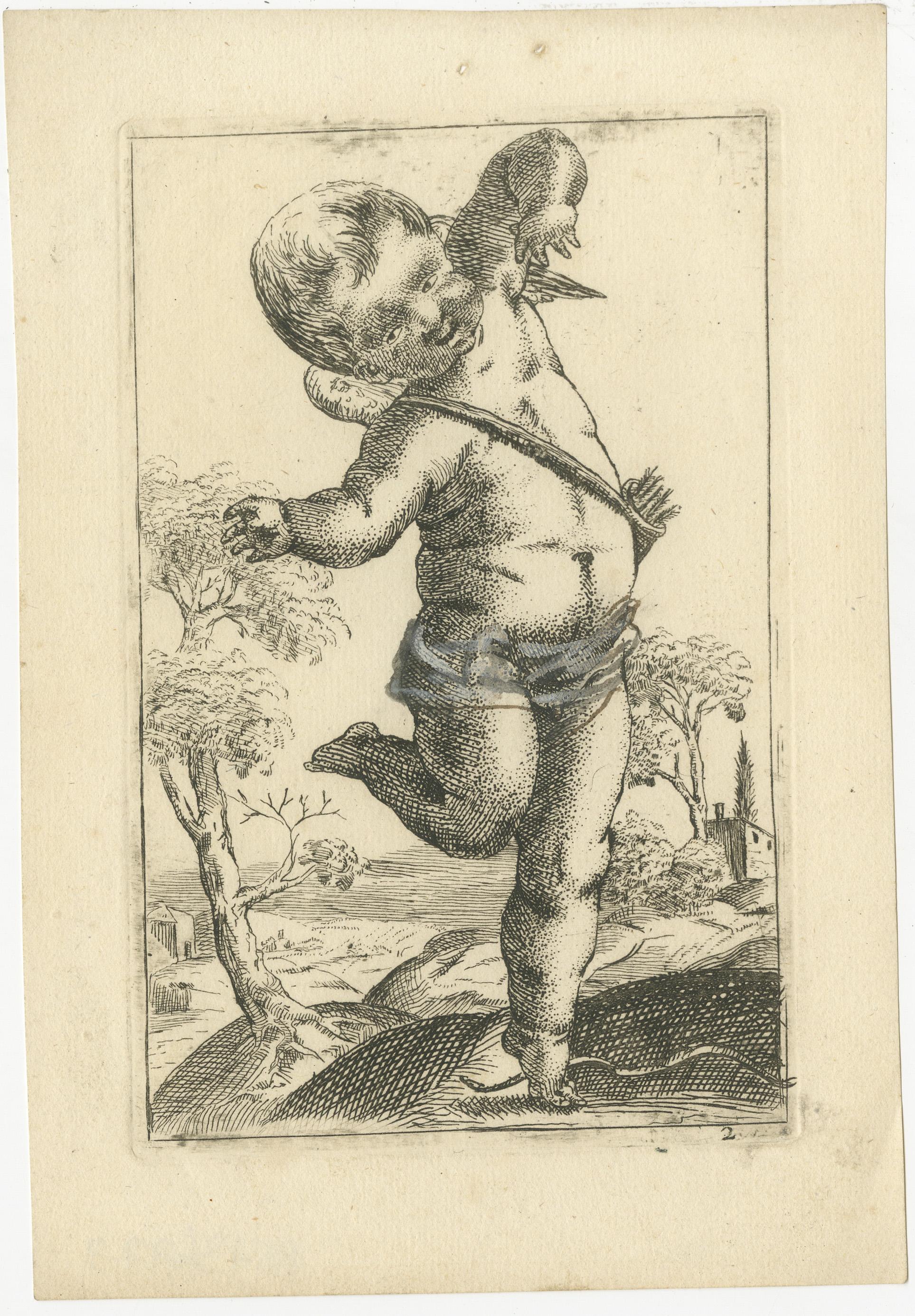 These images are rare but fine examples of original 17th-century European engravings, displaying characteristics that might point to an Italian origin based on stylistic analysis. They depict putti, cherubic figures commonly featured in Baroque art.