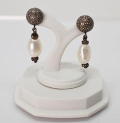 Baroque White Akoya Pearl Sterling Silver Diamond Drop Earrings