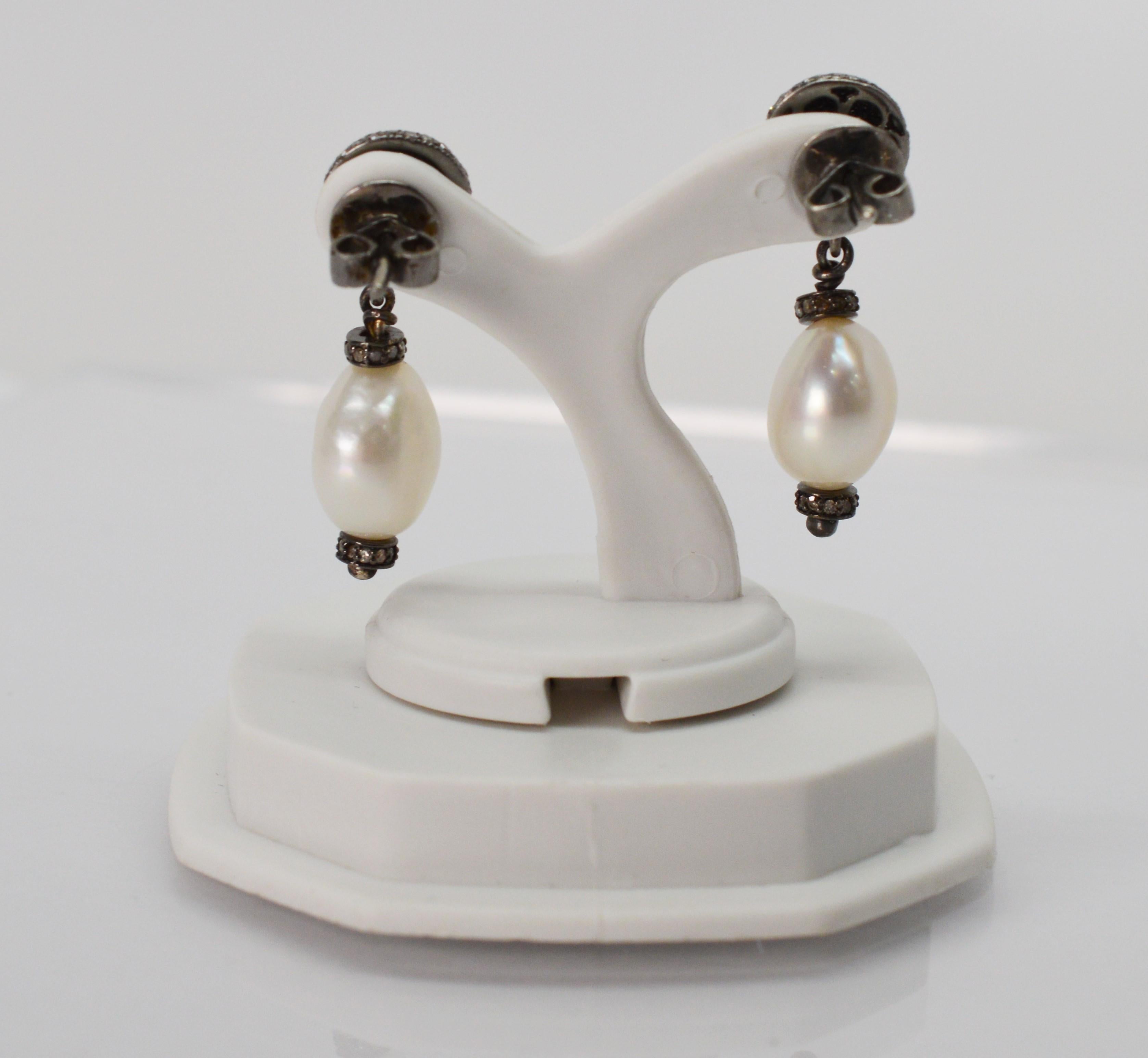Single Cut Baroque White Akoya Pearl Sterling Silver Diamond Drop Earrings