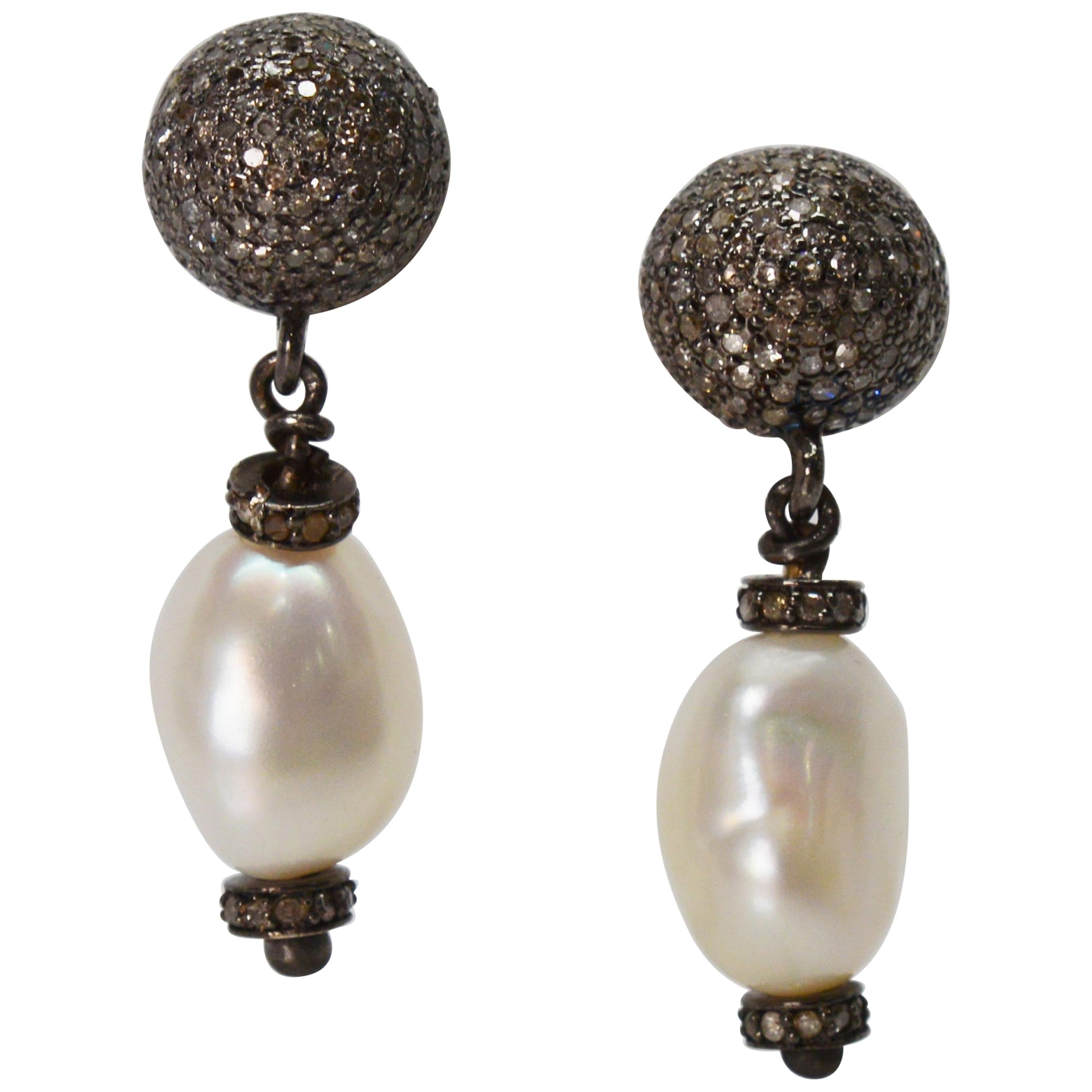 Baroque White Akoya Pearl Sterling Silver Diamond Drop Earrings