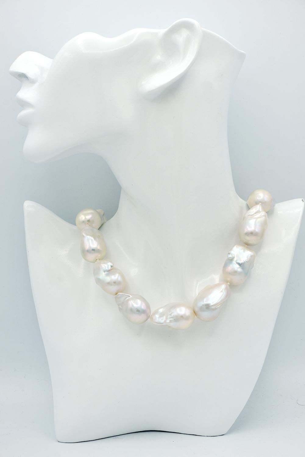 Contemporary Baroque White Freshwater Pearl Necklace with 14 Karat White Gold Clasp For Sale