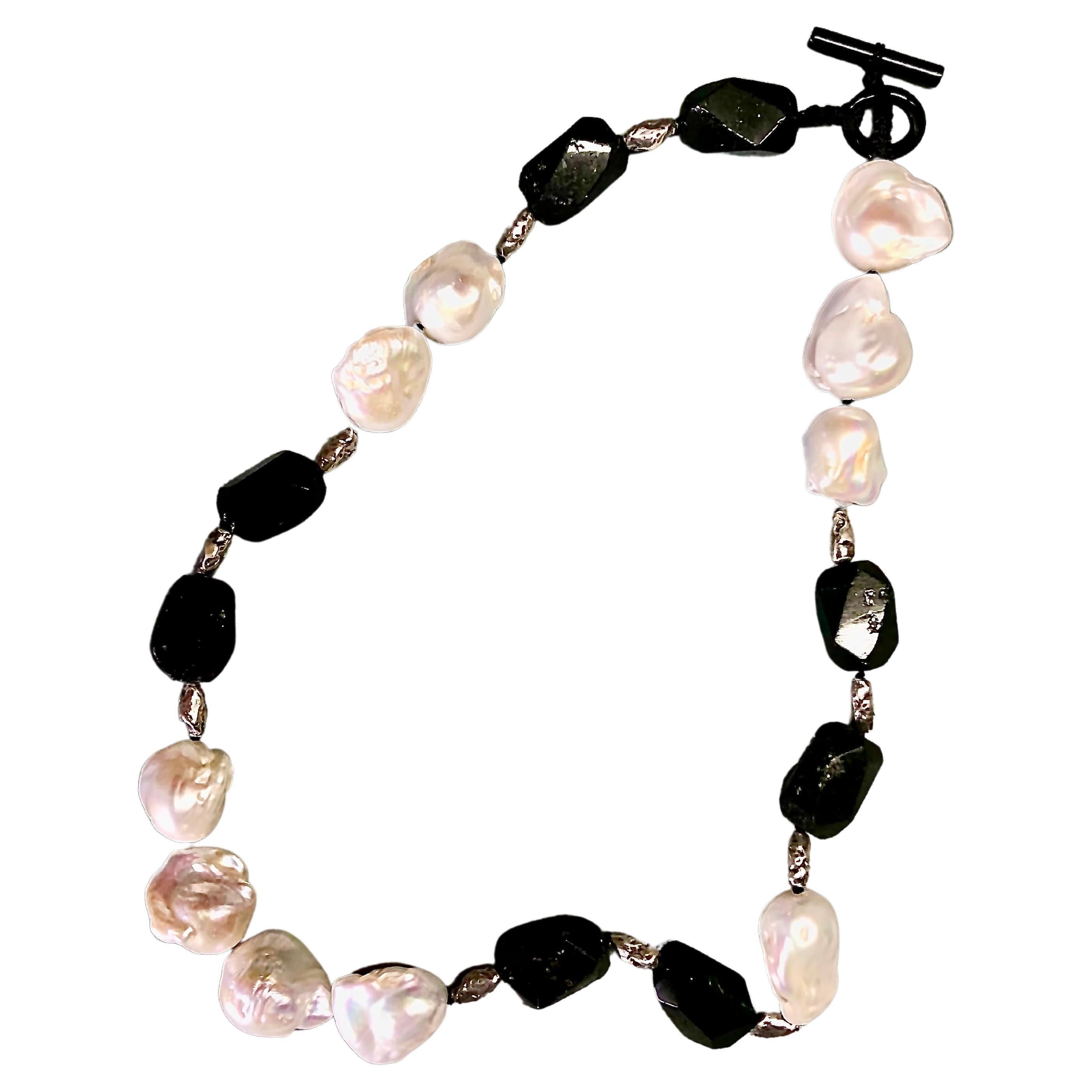 Baroque White Freshwater pearls and tourmaline nugget beads necklace For Sale