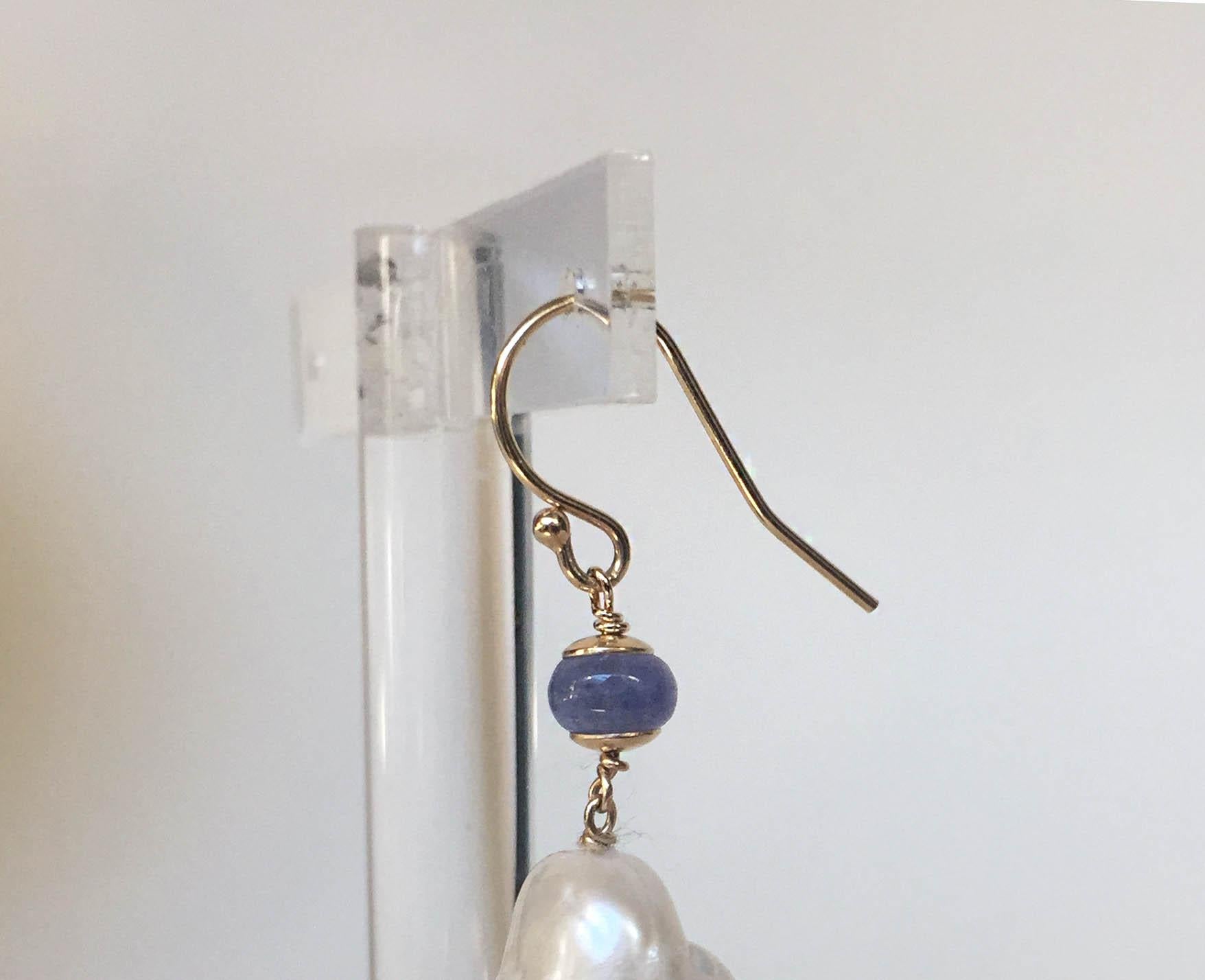 Artist Baroque White Pearl and Tanzanite Earrings with 14 Karat Gold Hook and Wiring