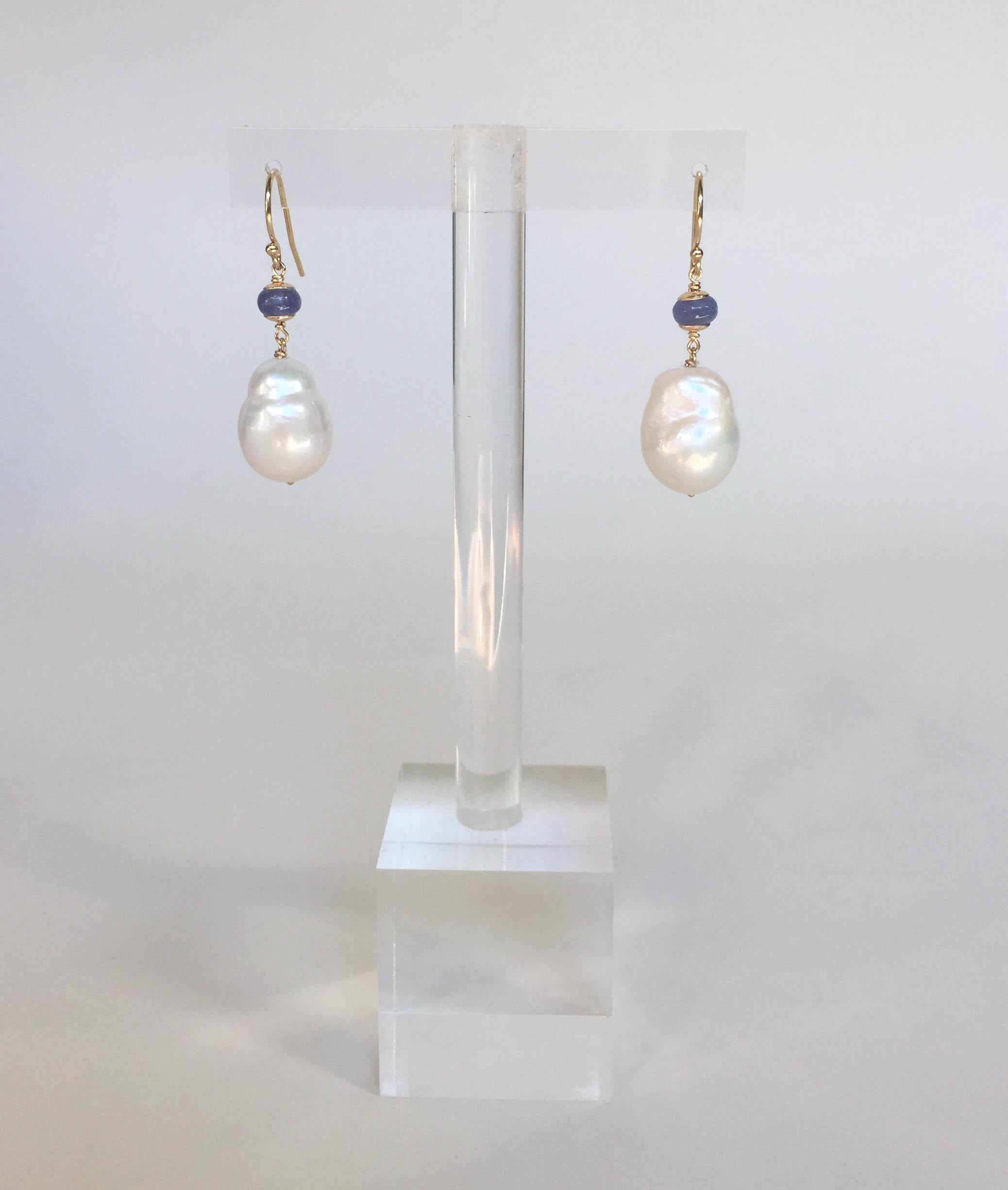 Women's Baroque White Pearl and Tanzanite Earrings with 14 Karat Gold Hook and Wiring