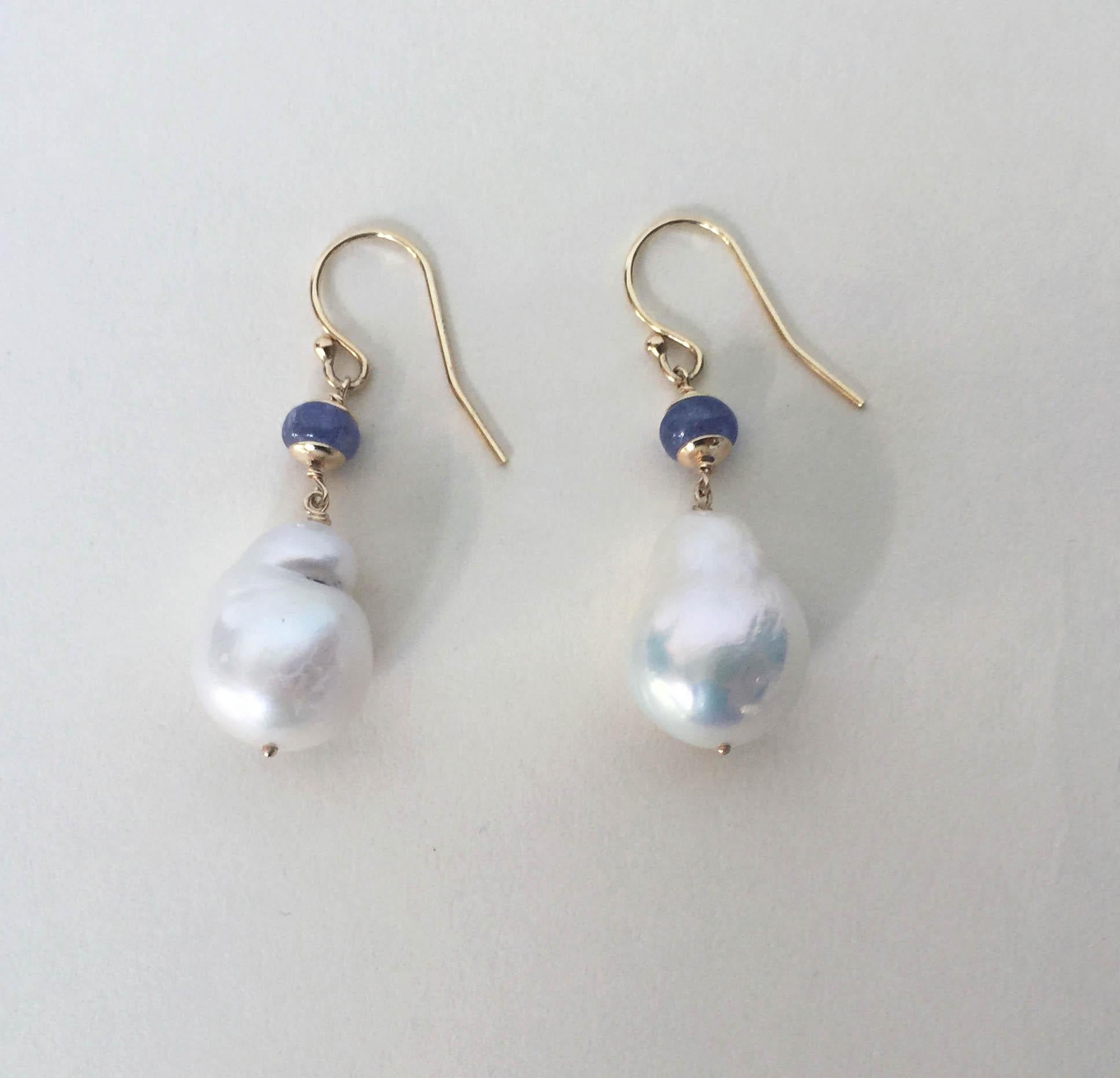 Baroque White Pearl and Tanzanite Earrings with 14 Karat Gold Hook and Wiring 1