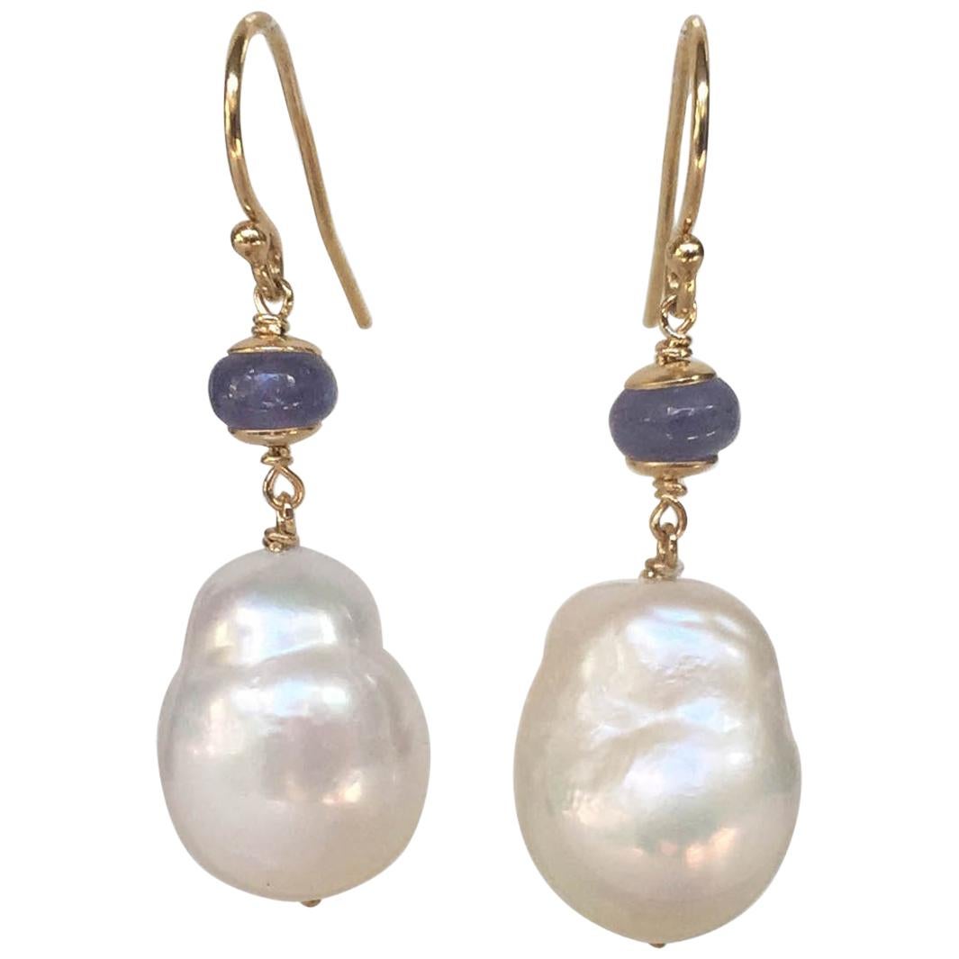 Baroque White Pearl and Tanzanite Earrings with 14 Karat Gold Hook and Wiring