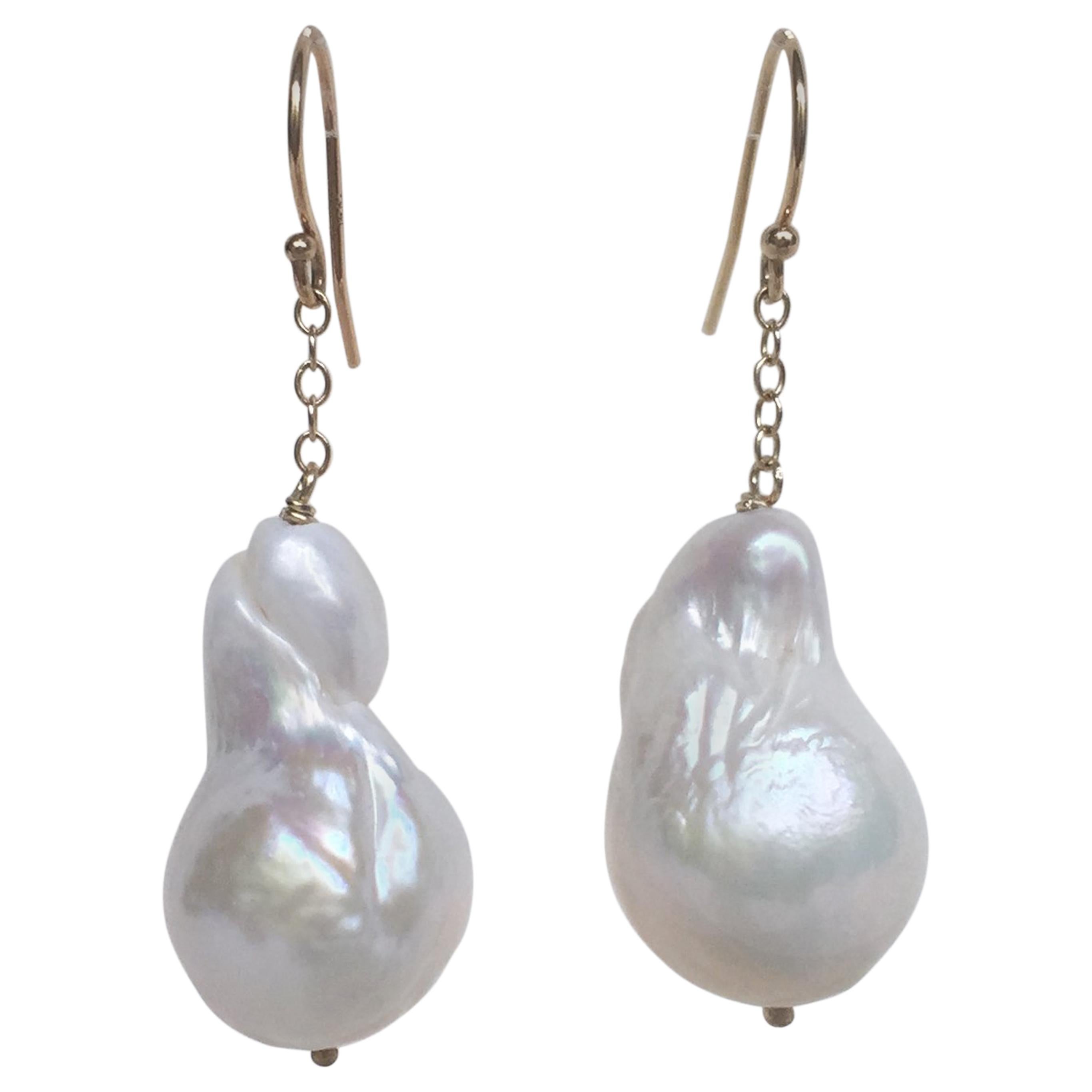 Marina J Baroque White Pearl Dangle Earrings with 14 K Yellow Gold Chain & Hook
