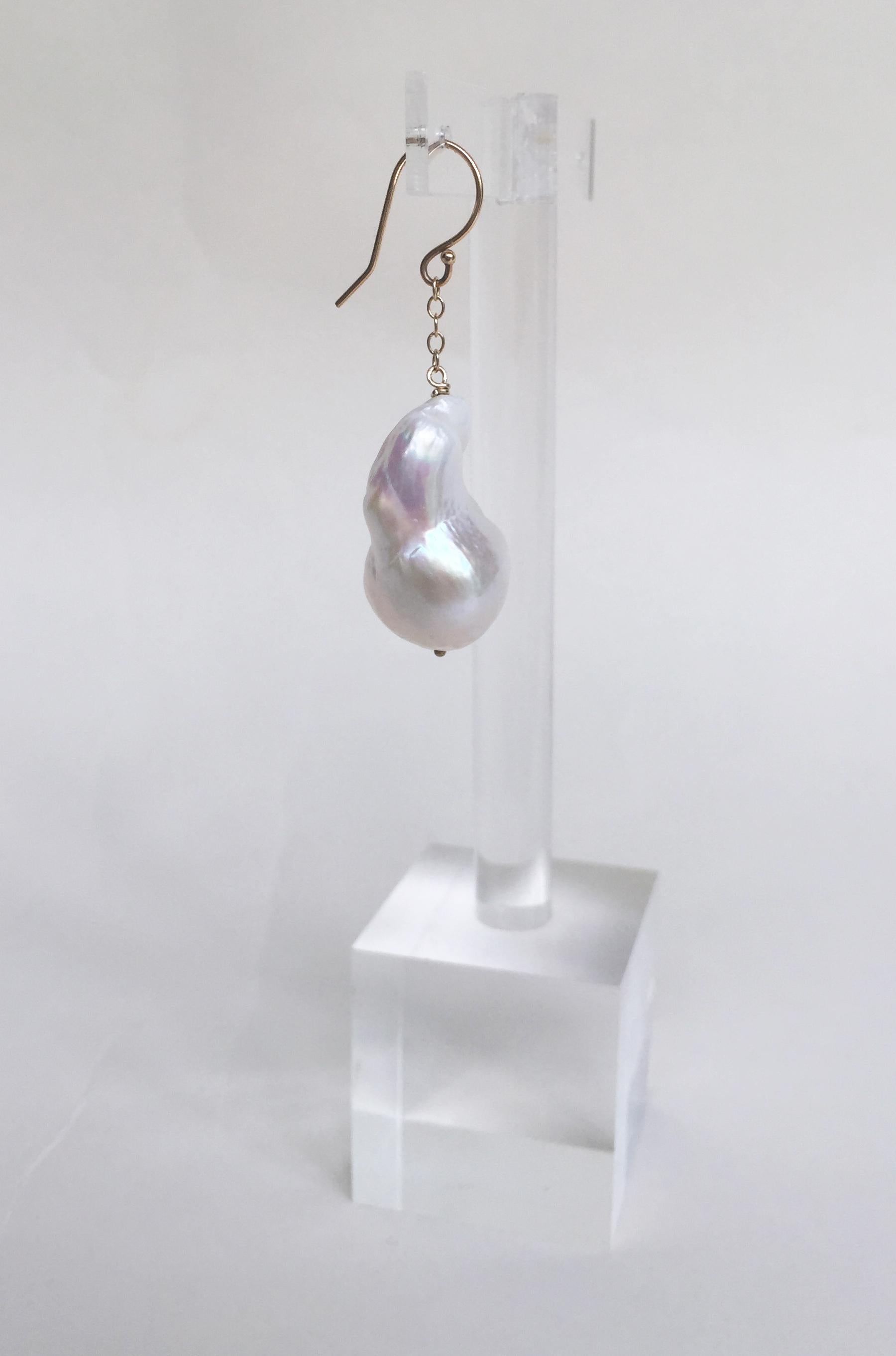 Artist Marina J Baroque White Pearl Dangle Earrings with 14 K Yellow Gold Chain & Hook
