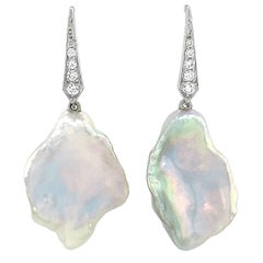 Baroque White Pearl Diamond 18K White Gold Lever-Back Earrings