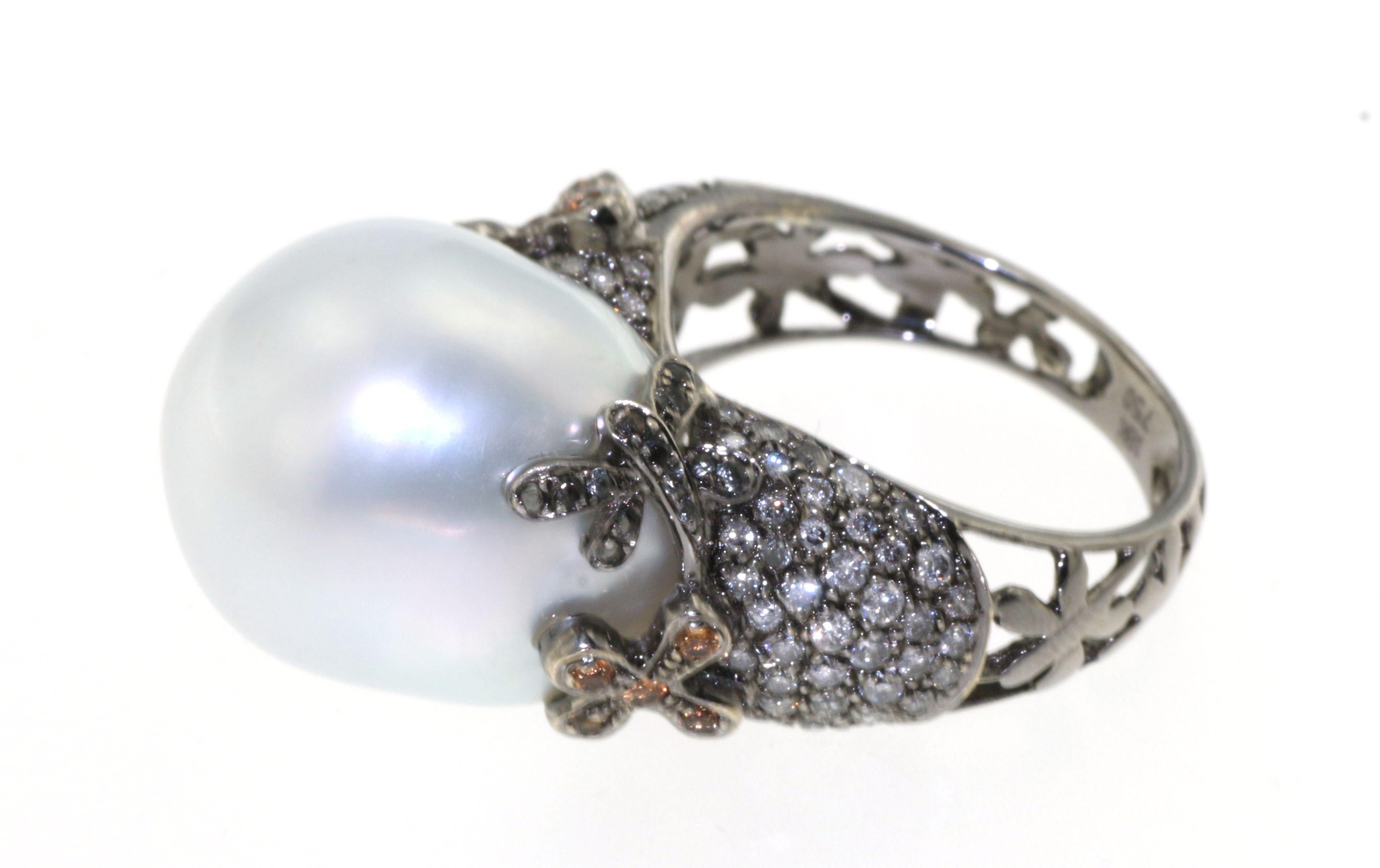 Artisan 14MM Baroque White Pearl Diamond Sapphire Ring in 18 Karat Rhodium Black Gold For Sale