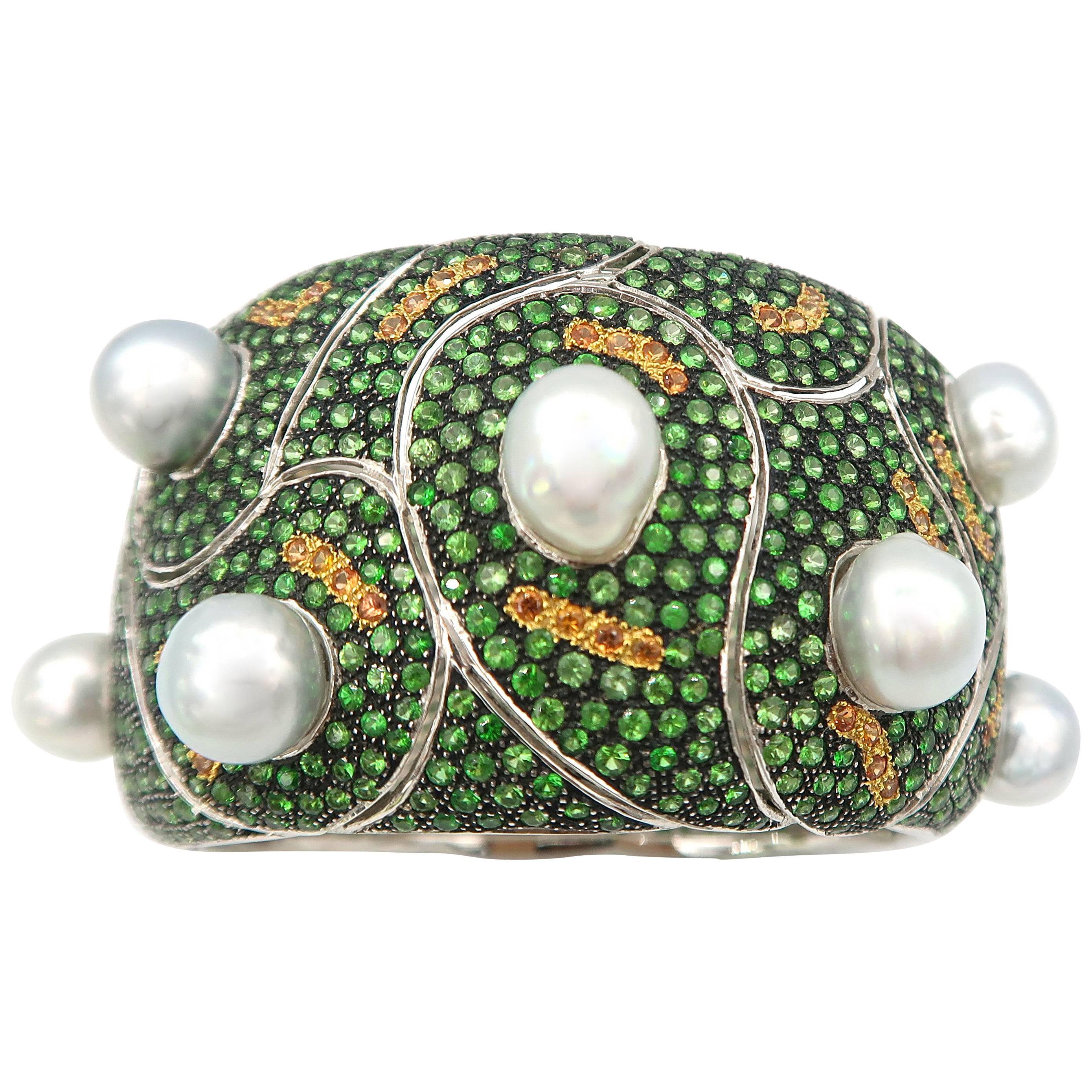 Baroque White South Sea Pearls Tsavorite Yellow Orange Sapphire Gold Cuff Bangle For Sale