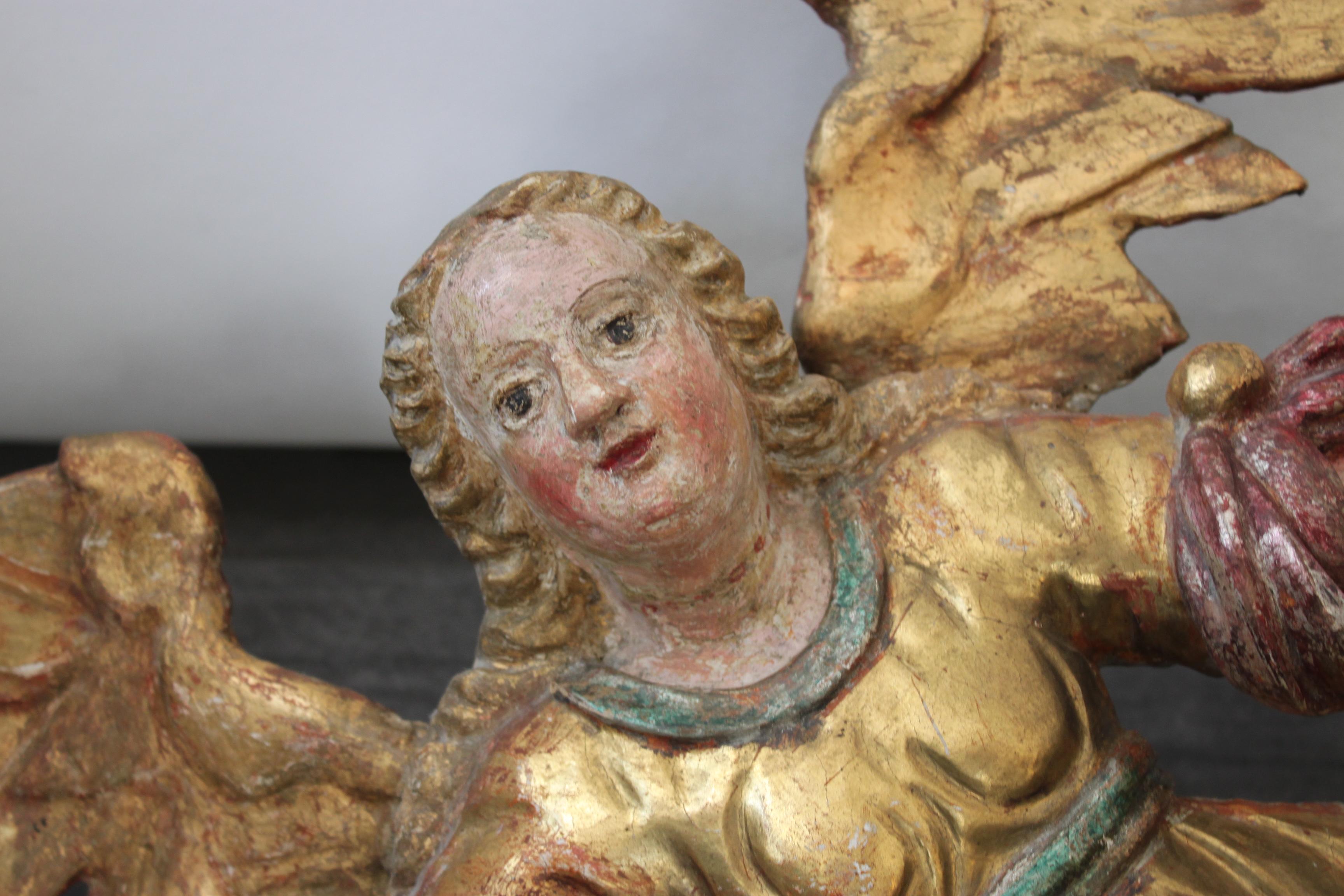 Hand-Carved Baroque Wooden Angel, 17th Century