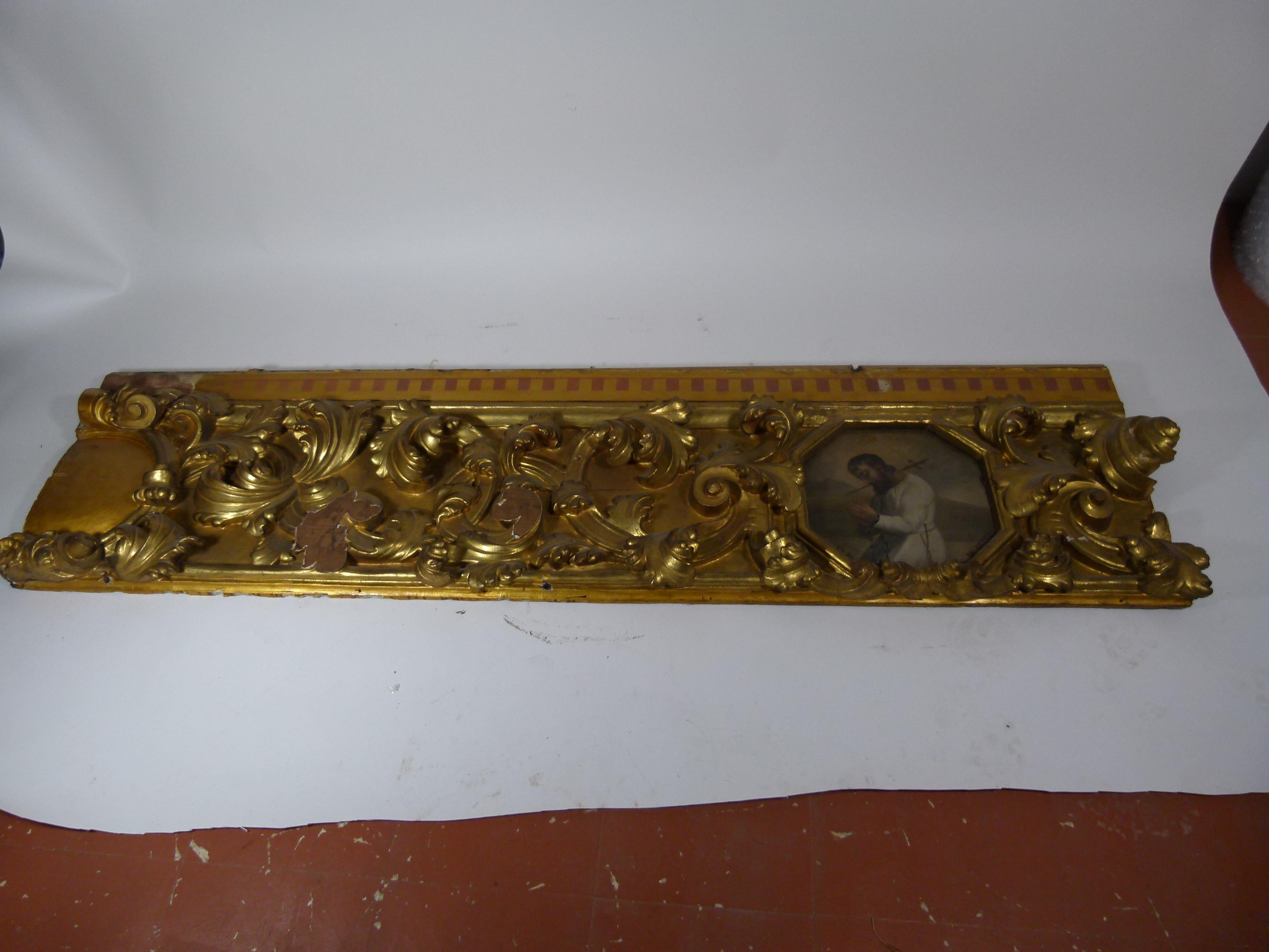 Excellent Polychromed golden wood frieze fragment from Azpeitia, Spain.
In the center there is a painting on canvas by Juan de Britto.

This freeze was removed  after the Vatican's Council II. Pope John XXIII recommended to remove opulent ornaments