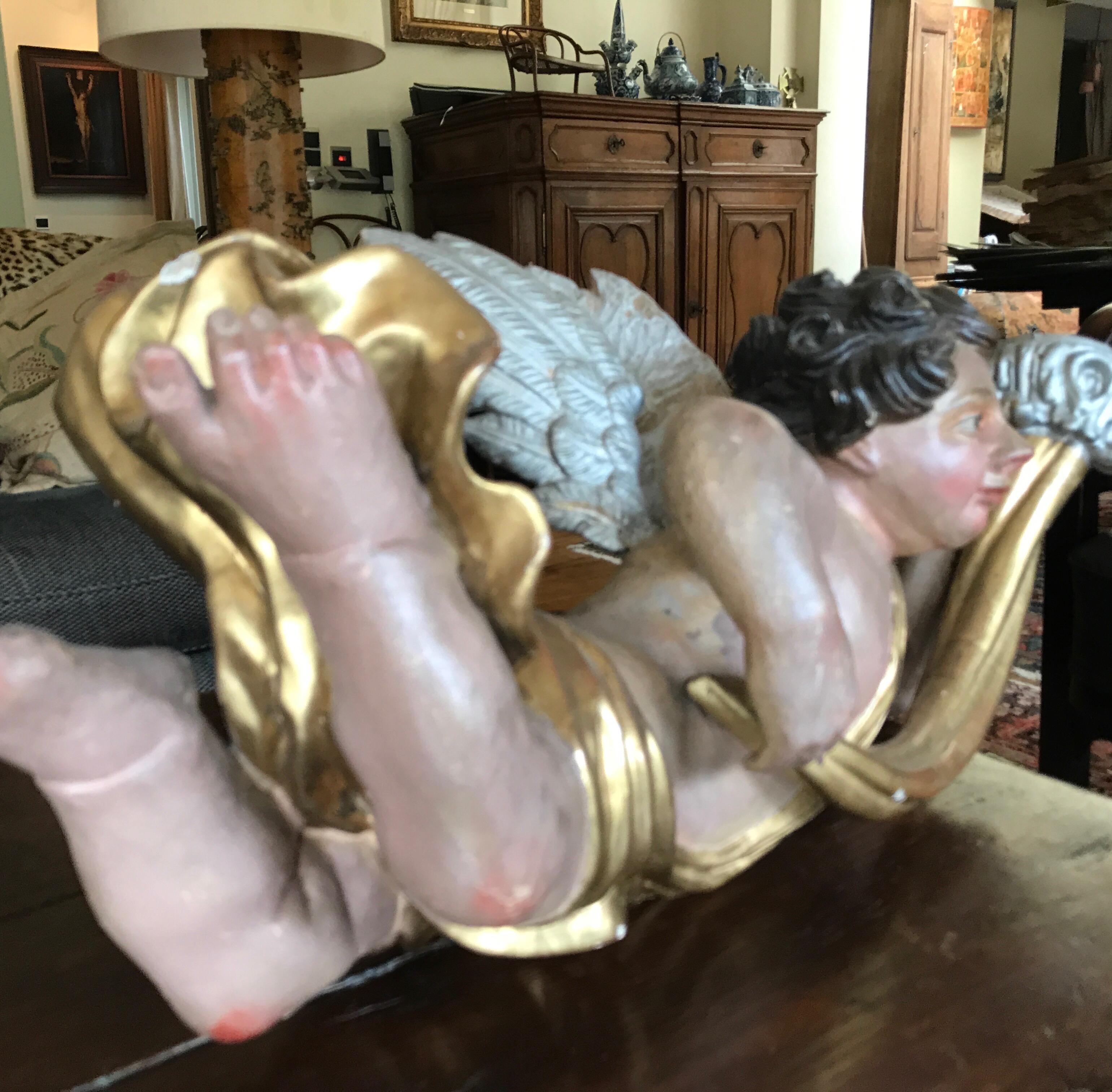 Hand-Crafted Baroque Wooden Polychrome Angel, 17th Century For Sale