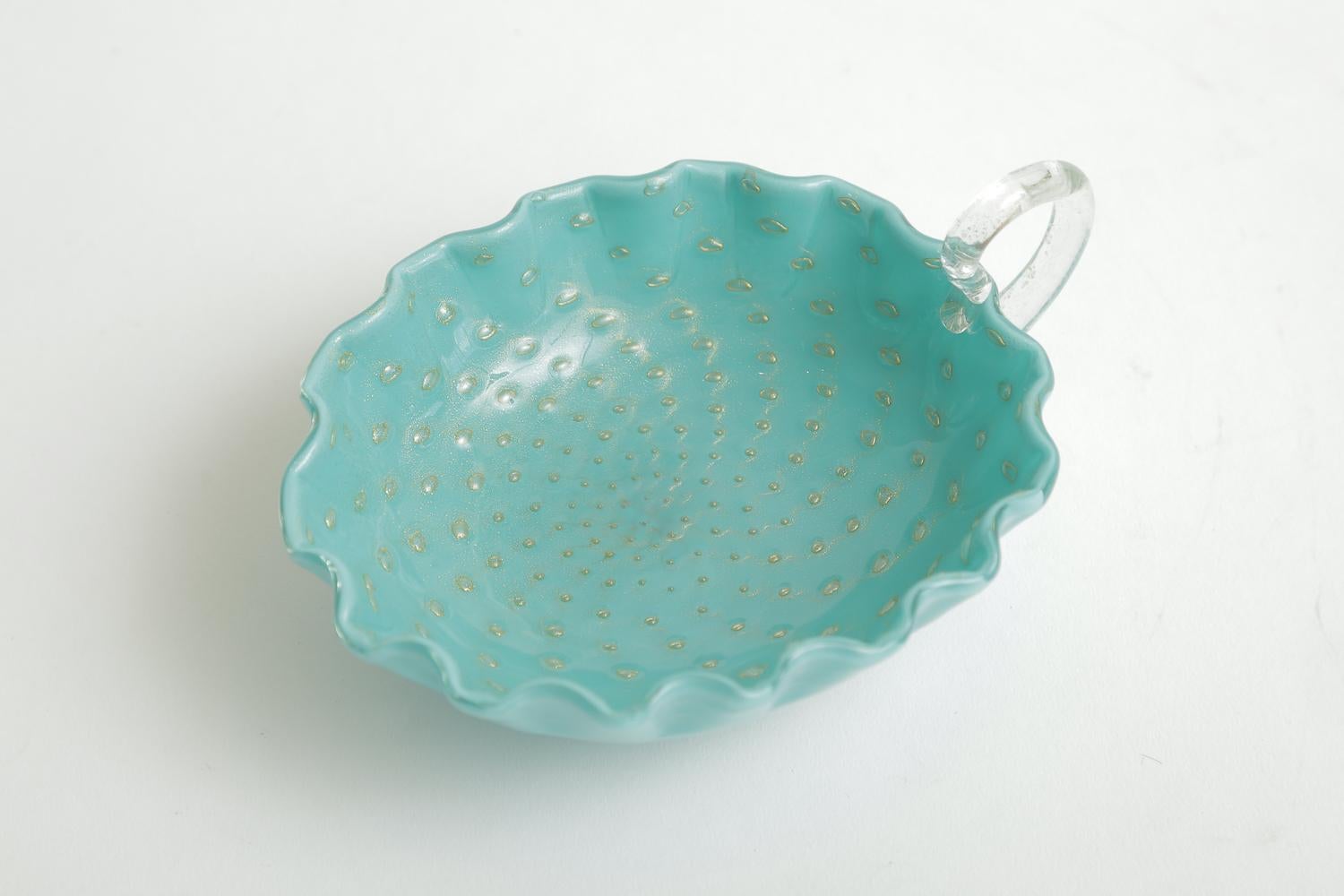 Italian Barovier e Toso Murano Turquoise and Gold Aventurine Glass Bowl Vintage Barware