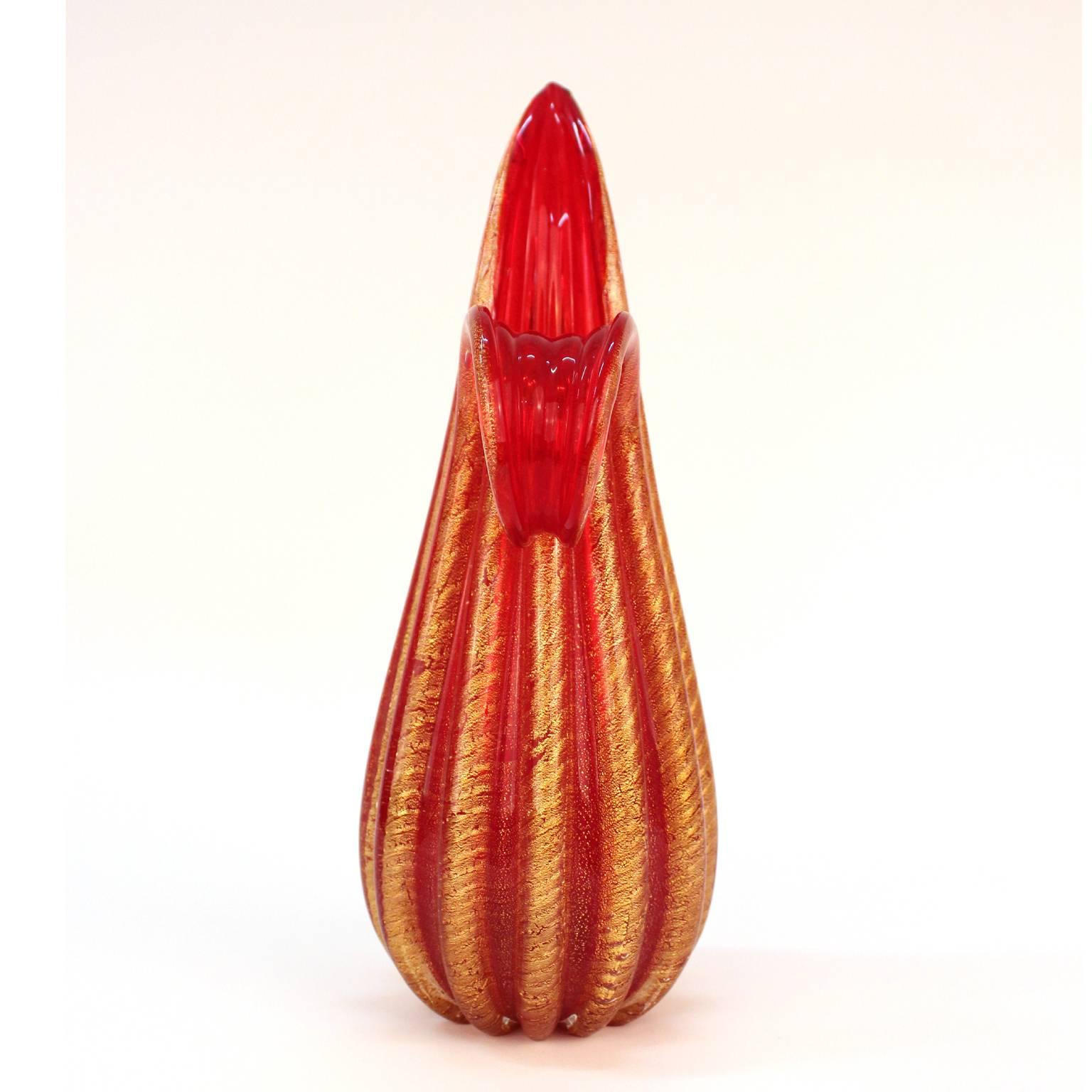 Art Deco Barovier & Toso Murano Red and Gold Glass Vase