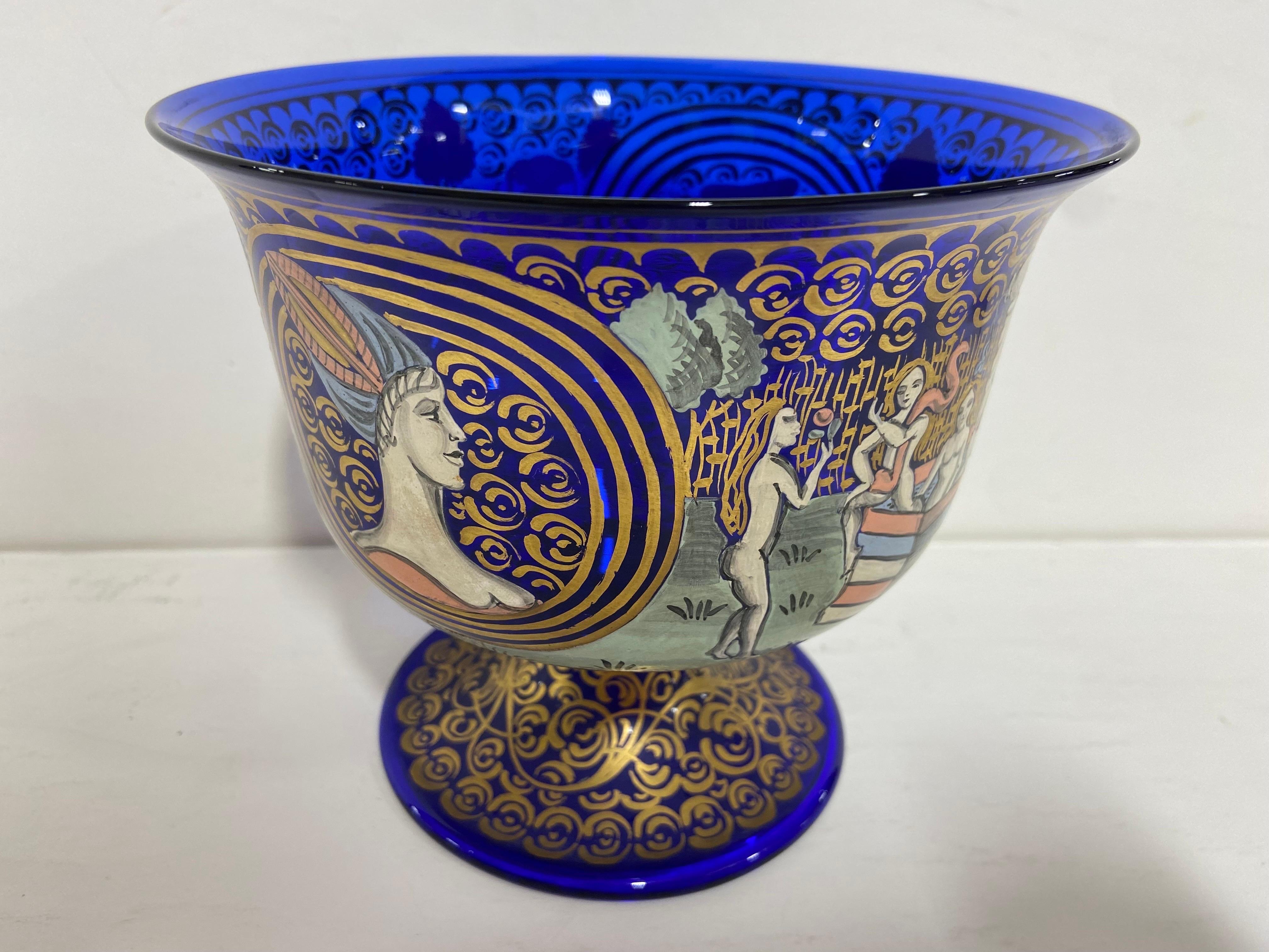 Barovier and Toso 20th Century Italian Wedding Cup in Cobalt Blue Glass Painted For Sale 4