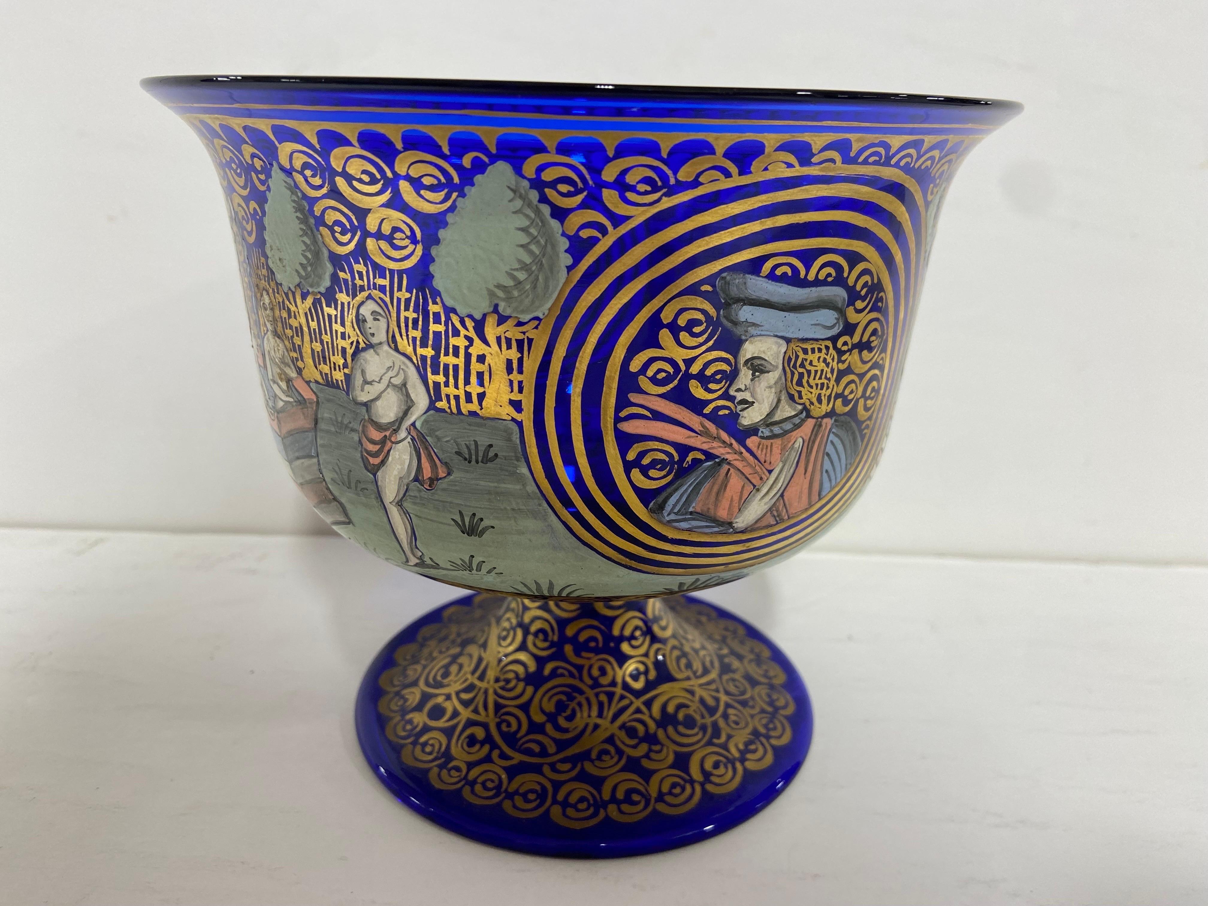 Renaissance Barovier and Toso 20th Century Italian Wedding Cup in Cobalt Blue Glass Painted For Sale