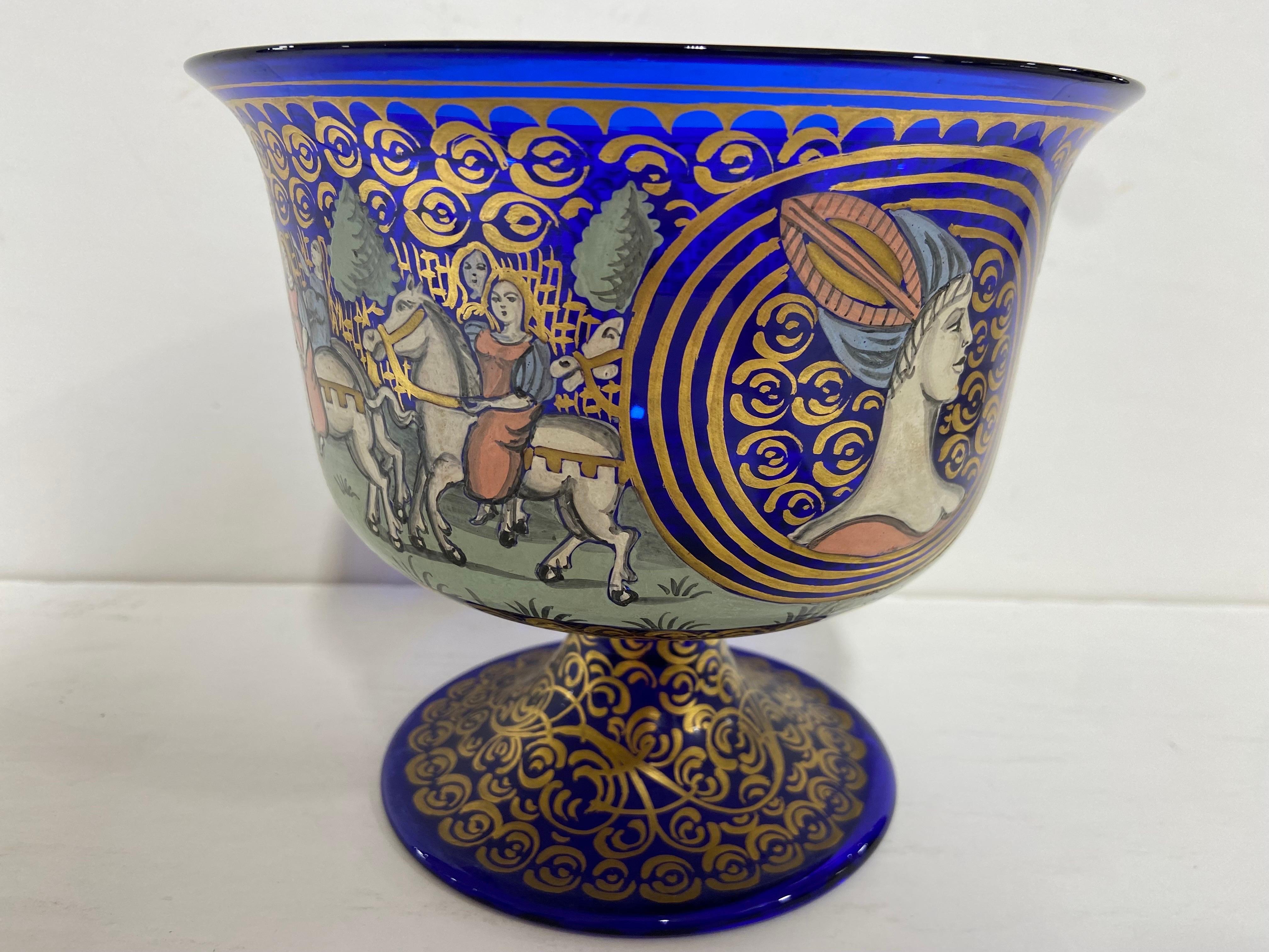 Hand-Painted Barovier and Toso 20th Century Italian Wedding Cup in Cobalt Blue Glass Painted For Sale