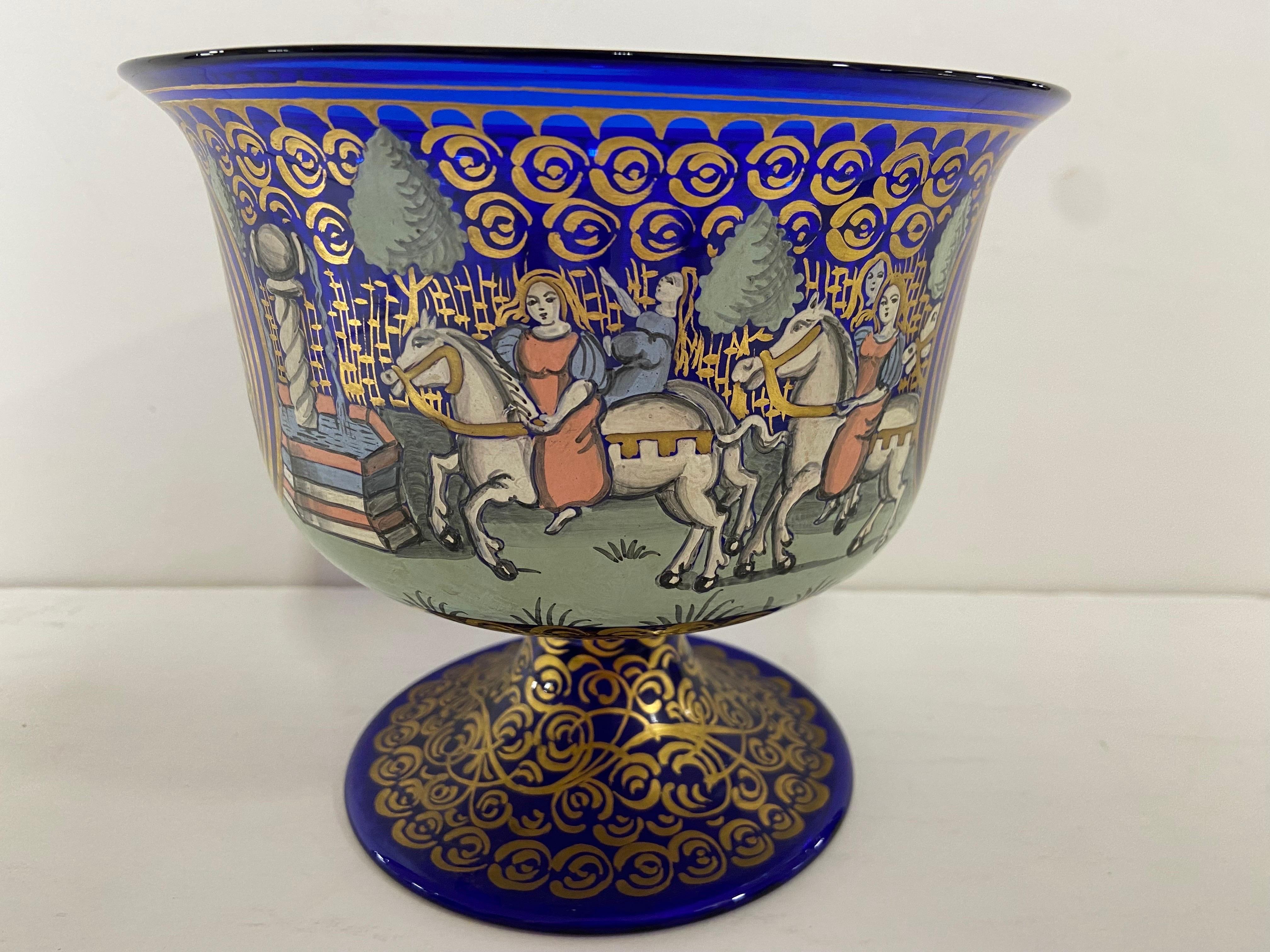 Barovier and Toso 20th Century Italian Wedding Cup in Cobalt Blue Glass Painted In Good Condition For Sale In Atlanta, GA