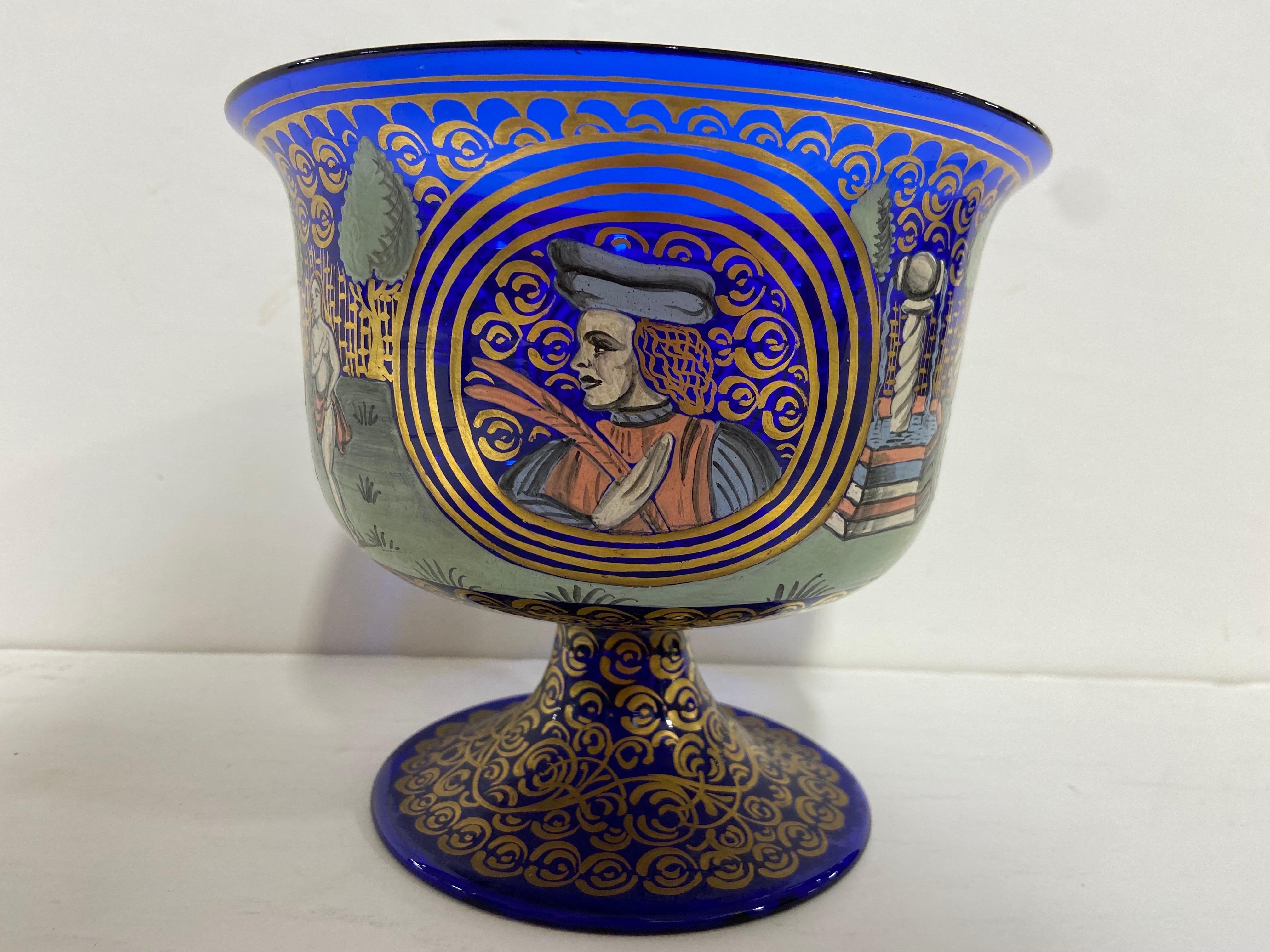 Barovier and Toso 20th Century Italian Wedding Cup in Cobalt Blue Glass Painted For Sale 1