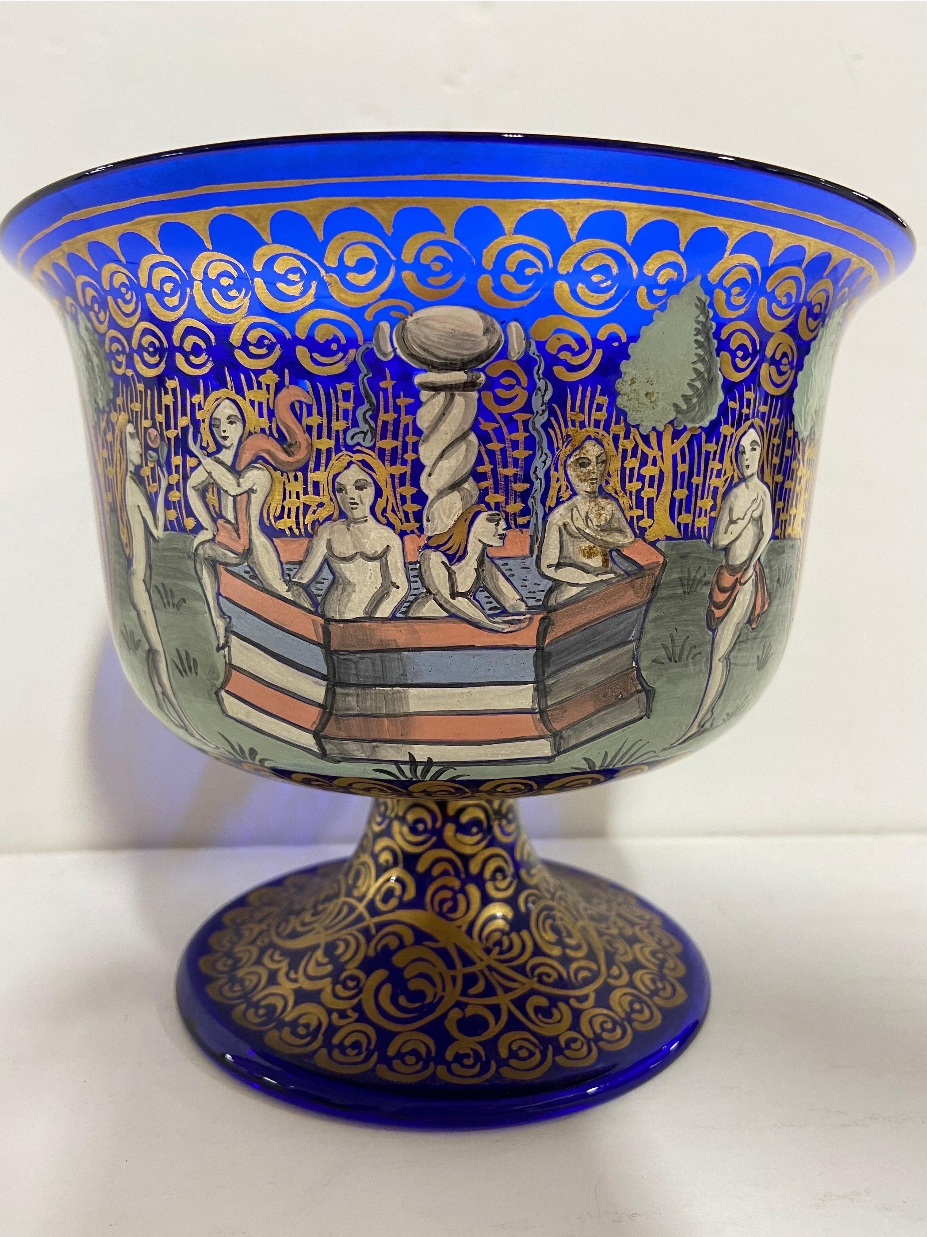 Barovier and Toso 20th Century Italian Wedding Cup in Cobalt Blue Glass Painted For Sale 2