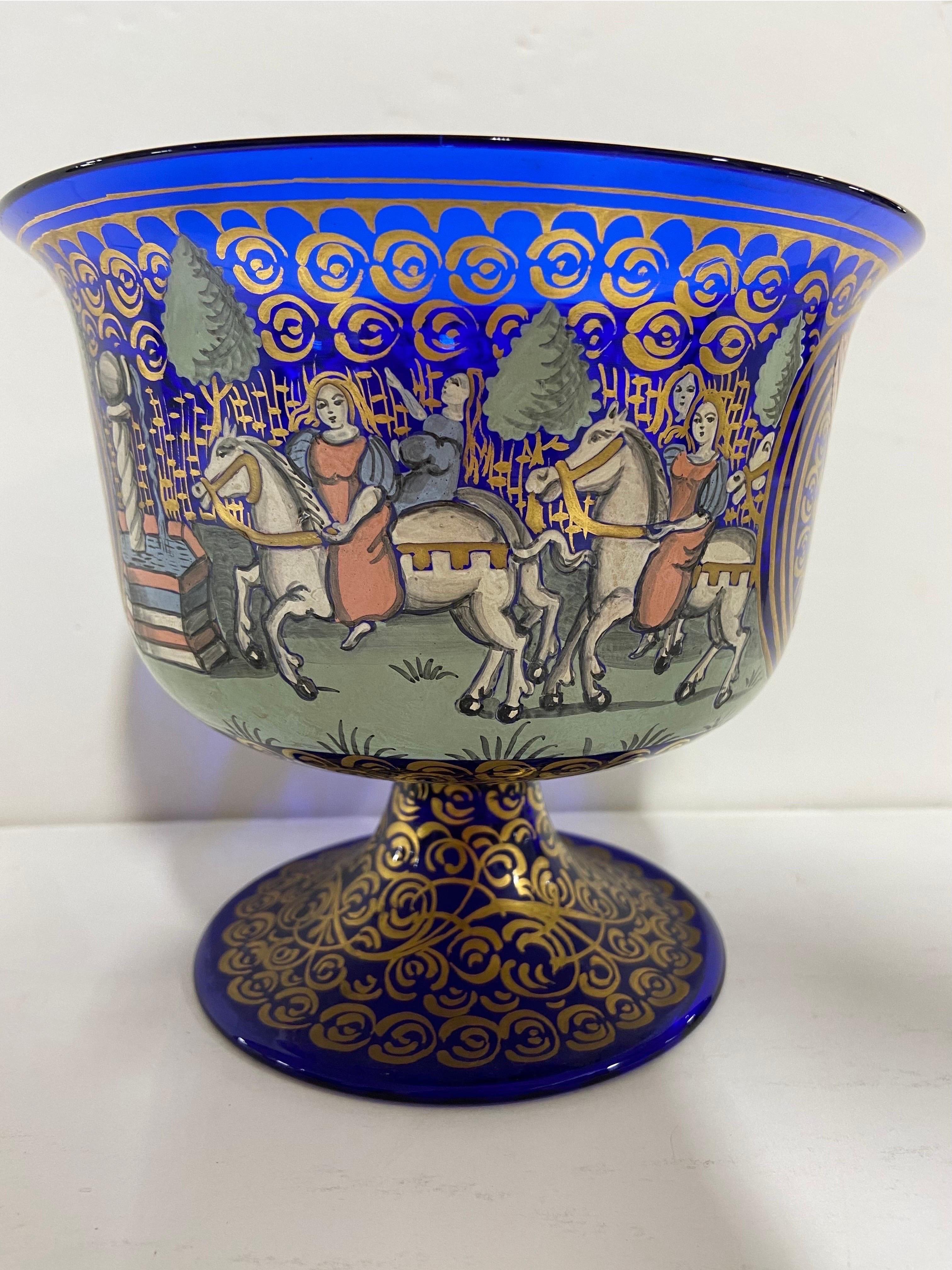 Barovier and Toso 20th Century Italian Wedding Cup in Cobalt Blue Glass Painted For Sale 3