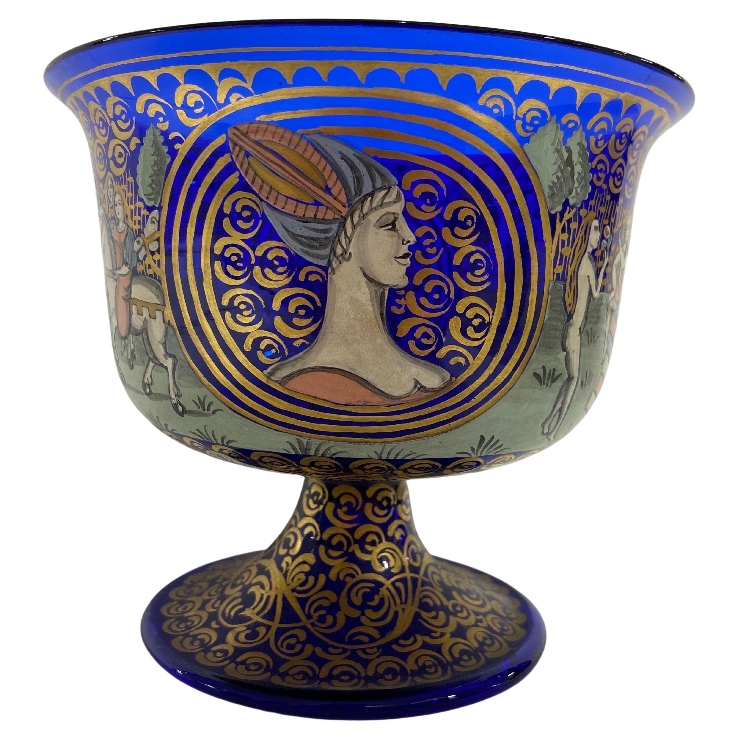 Barovier and Toso 20th Century Italian Wedding Cup in Cobalt Blue Glass Painted For Sale