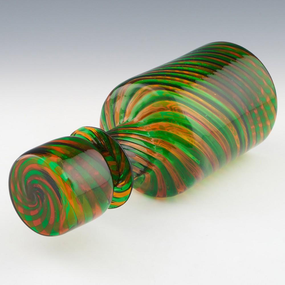 Heading : Barovier and Toso 'A Canne' Murano decanter
Date : circa 1955
Origin : Murano, Italy
Bowl Features : Spiraled green and burnt orange / amber spiral canes
Marks : None
Type : Lead-free
Size : 24.8cm height, arppox 10cm diameter