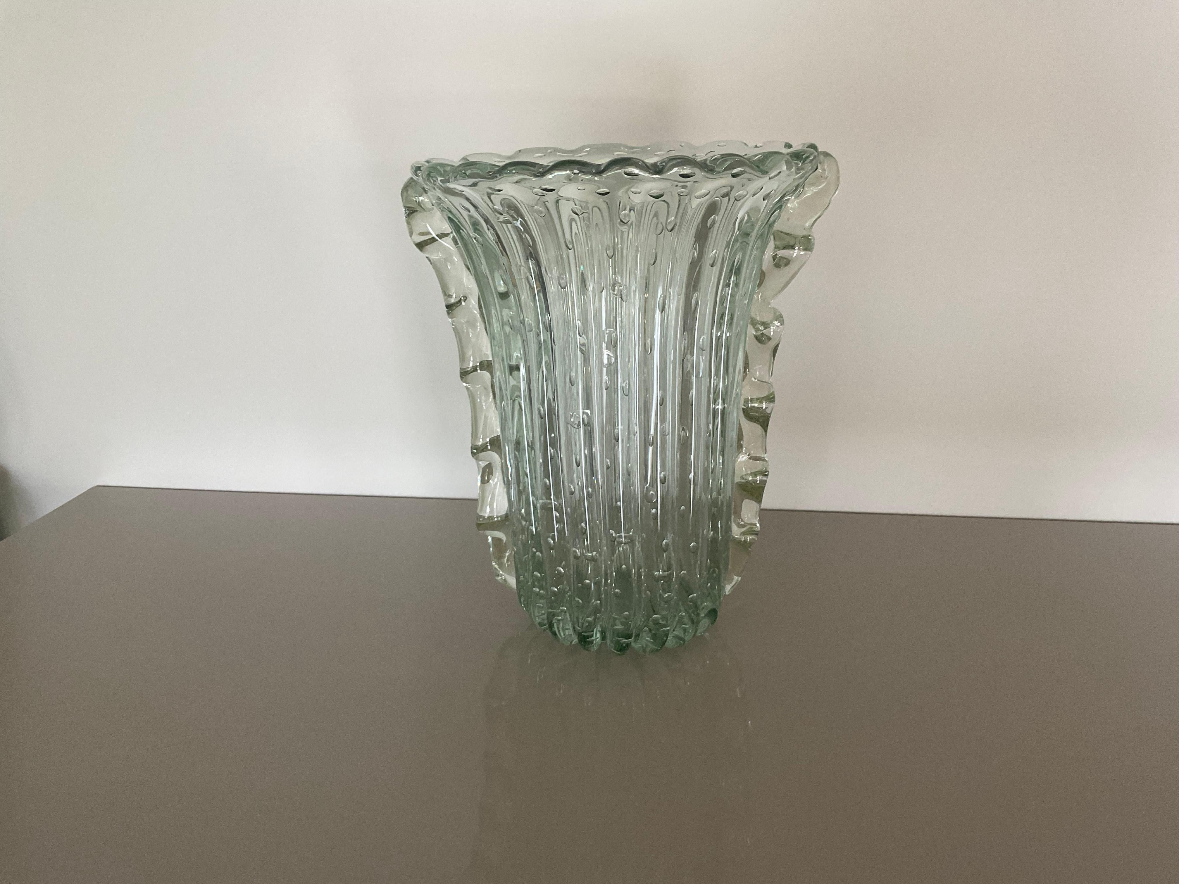 Mid-Century Modern Barovier and Toso Attributed Large Murano Glass Vase Clear Handled Bubbles For Sale