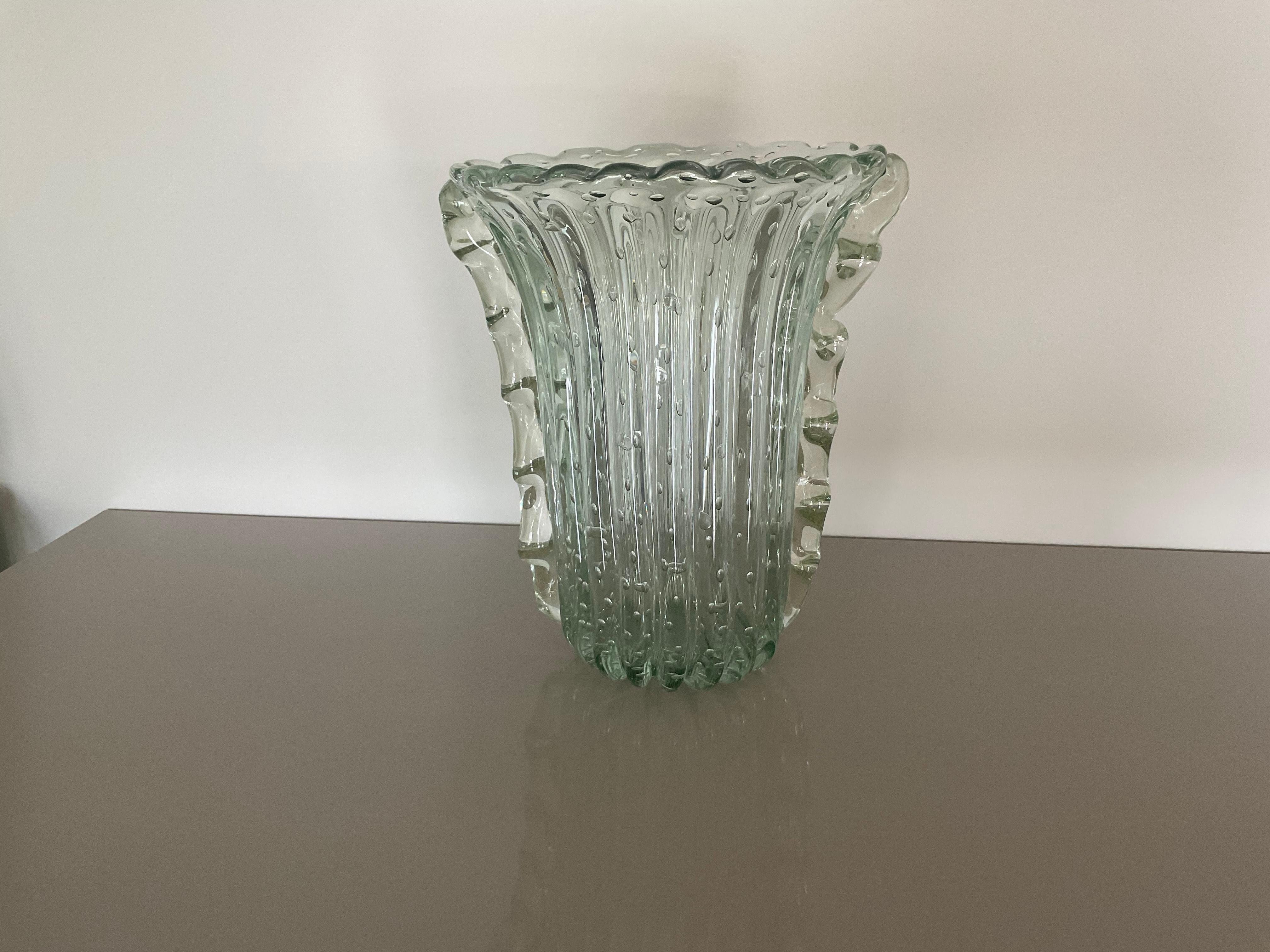 Italian Barovier and Toso Attributed Large Murano Glass Vase Clear Handled Bubbles For Sale