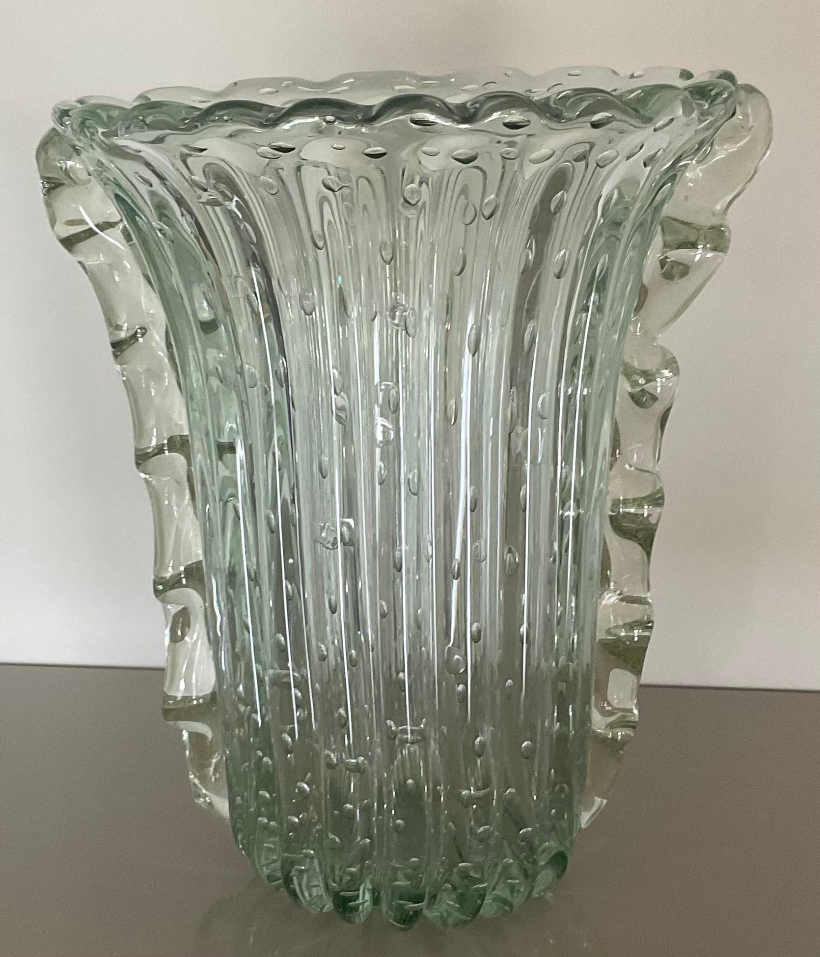 Blown Glass Barovier and Toso Attributed Large Murano Glass Vase Clear Handled Bubbles For Sale