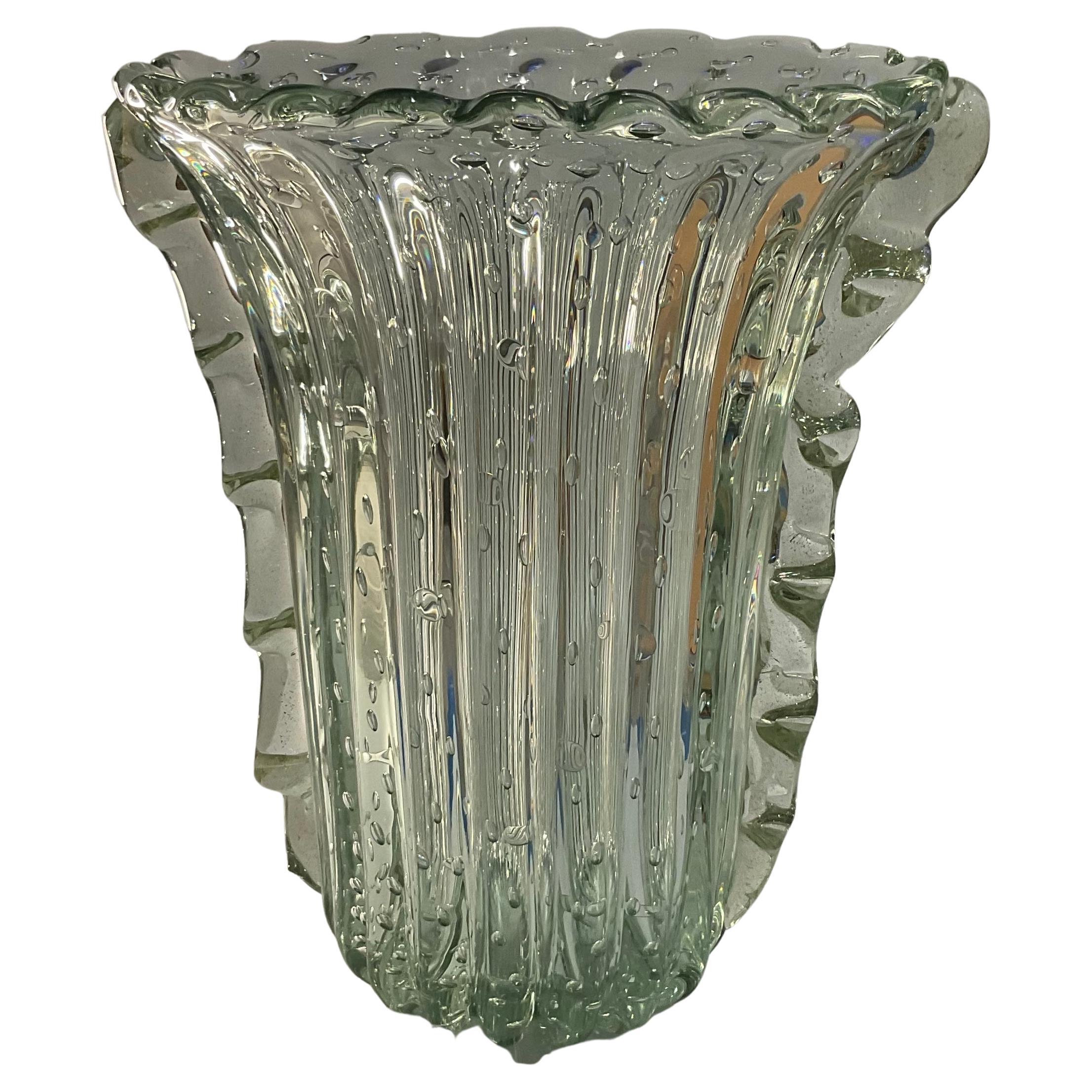 Barovier and Toso Attributed Large Murano Glass Vase Clear Handled Bubbles For Sale