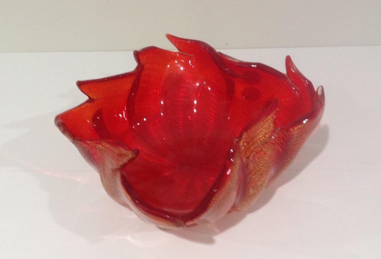 Barovier and Toso Brilliant Red and Gold Murano Art Glass Bowl For Sale