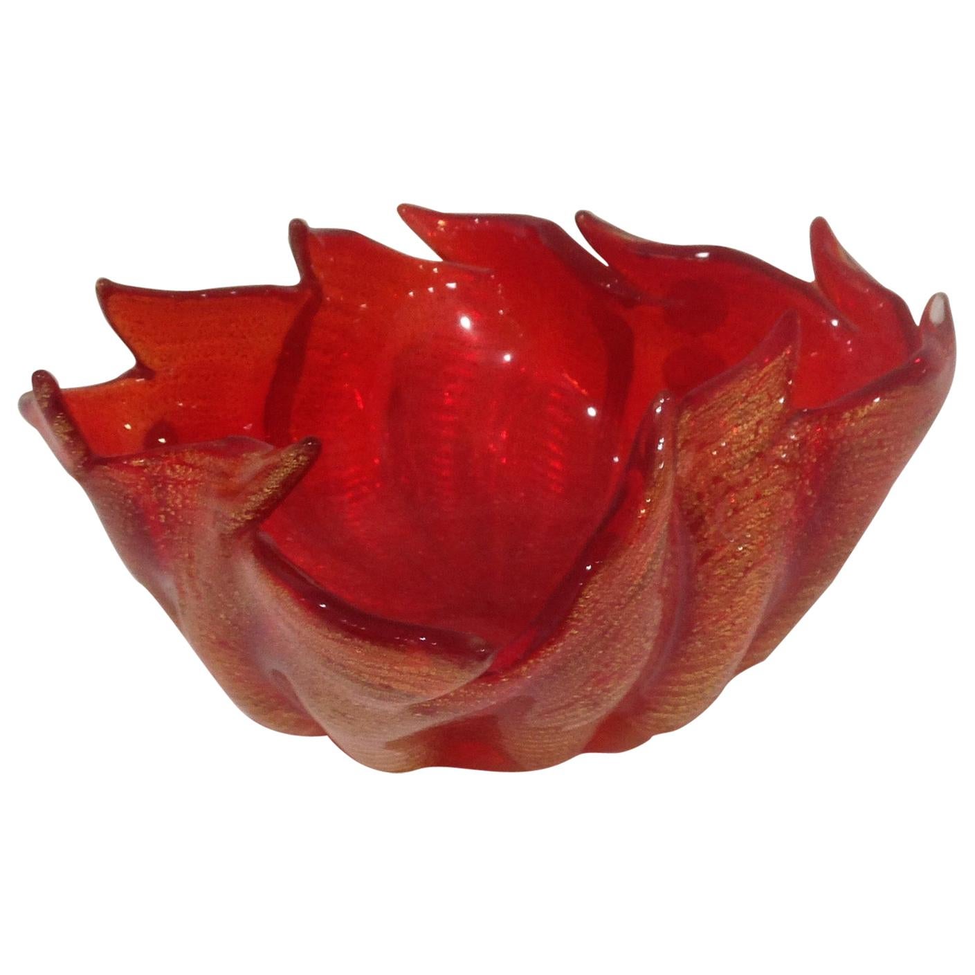 Barovier and Toso Brilliant Red and Gold Murano Art Glass Bowl For Sale