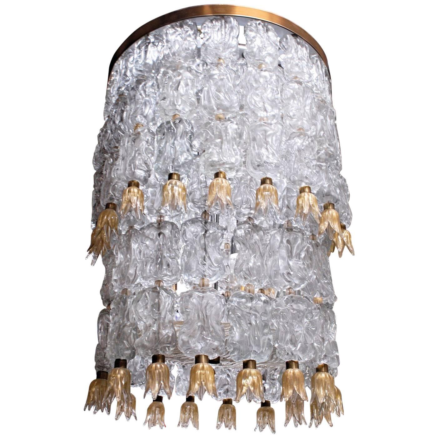 Barovier and Toso, Glass Blocks with Gold Rosettes Chandelier, 1940 Hotel Gallia