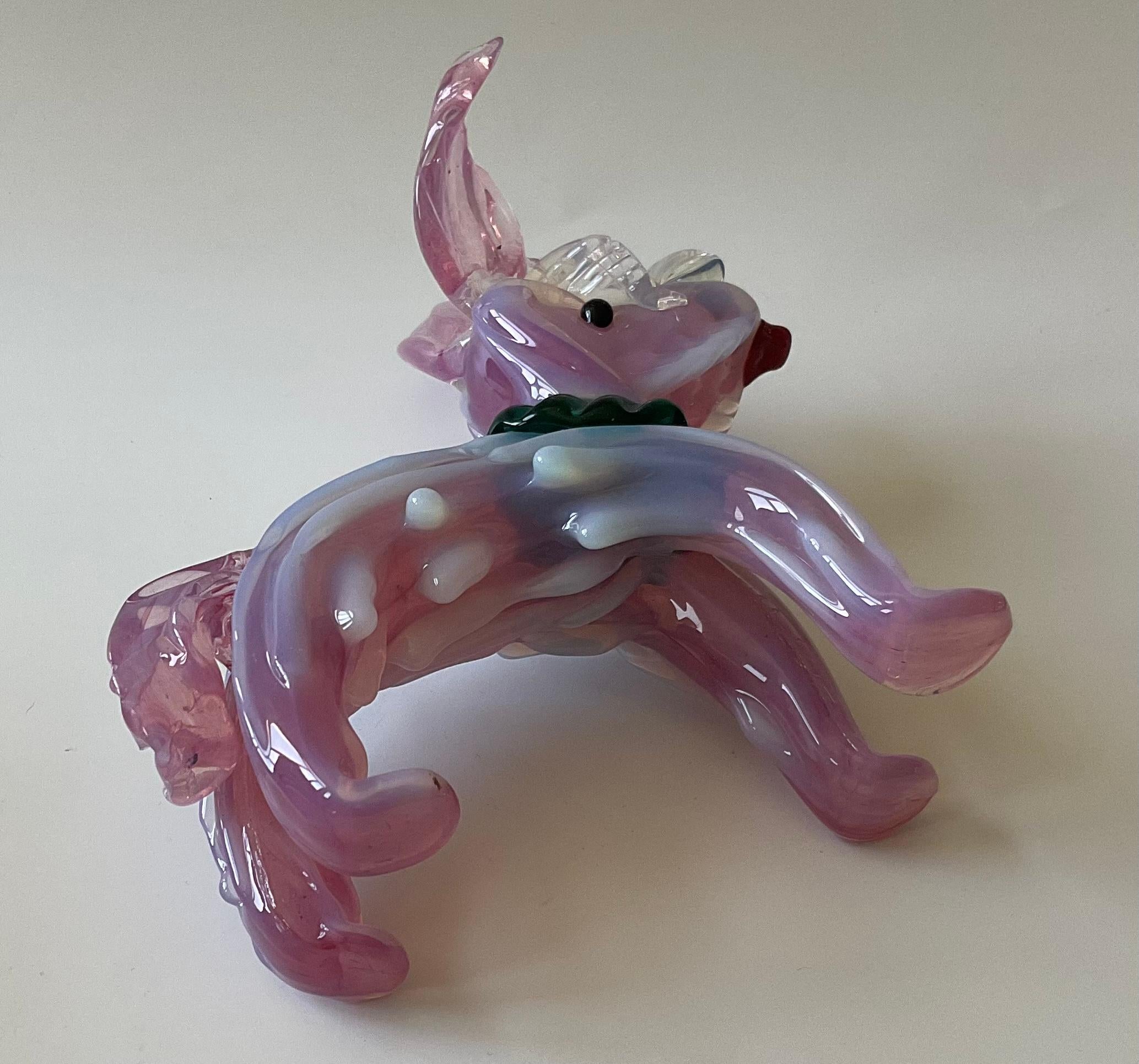 Barovier and Toso Murano Art Glass dog sculpture in pink and opalescent glass Designed by Ercole Barovier. Amazing quality and execution.