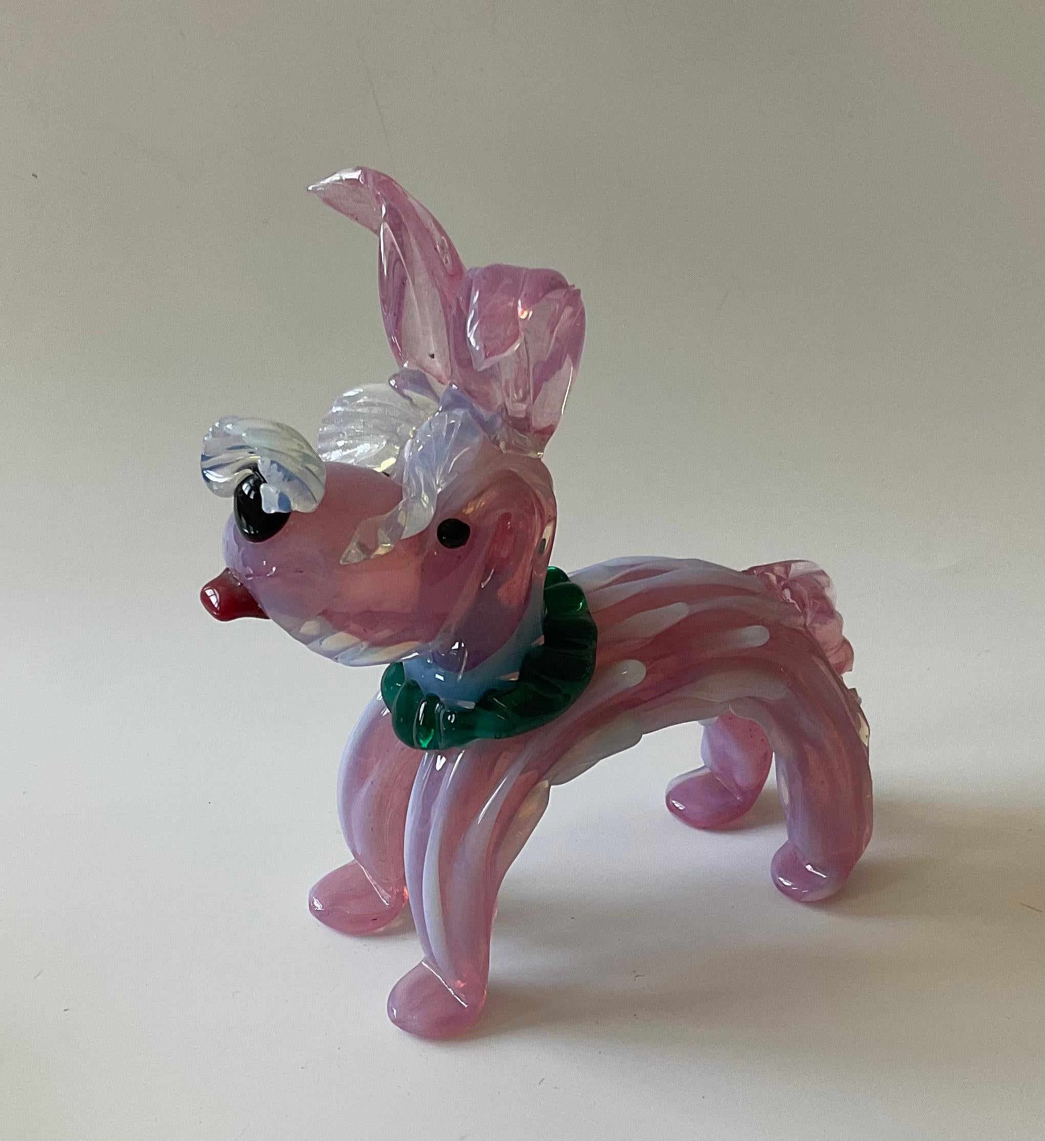 Italian Barovier and Toso Murano Art Glass Dog Sculpture in Pink and Opalescent Glass For Sale