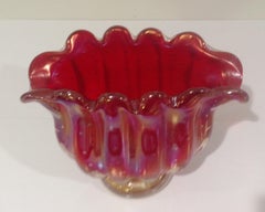 Barovier and Toso Murano Brilliant Red and Gold Irridescent Footed Glass Vase