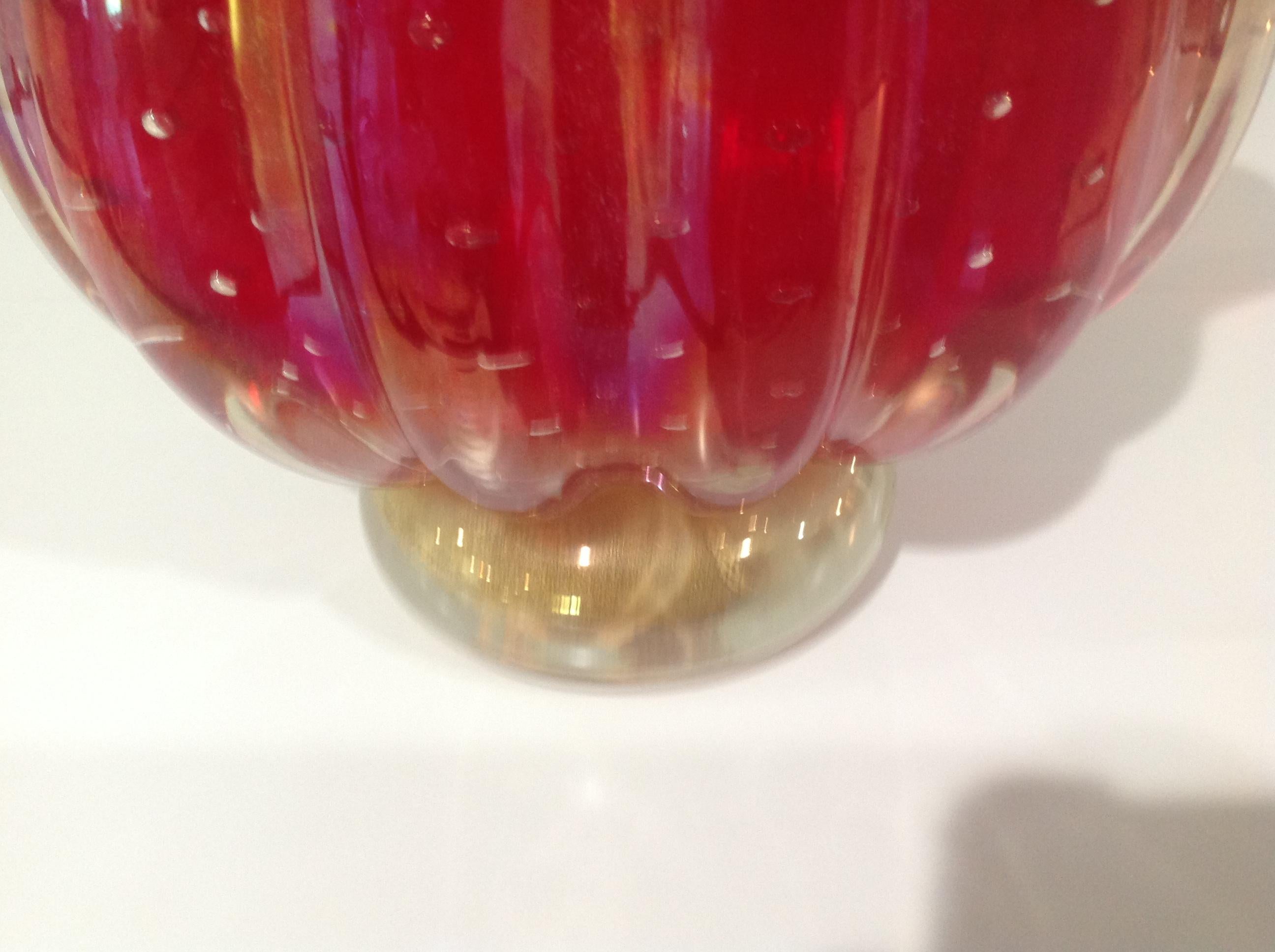 Mid-Century Modern Barovier and Toso Murano Brilliant Red and Gold Irridescent Footed Glass Vase For Sale